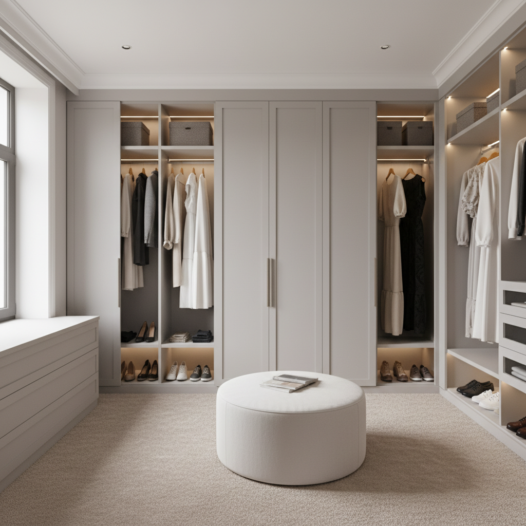 Widok na elegancką, dobrze zorganizowaną garderobę z szafami na wymiar. Drzwi szaf są gładkie, w neutralnym, jasnoszarym kolorze, z minimalistycznymi uchwytami. Wnętrze szaf jest subtelnie oświetlone, ukazując starannie poukładane ubrania. Podłoga wykończona jest miękką, beżową wykładziną, a na środku stoi nowoczesny puf. Pomieszczenie jest jasne i funkcjonalne.