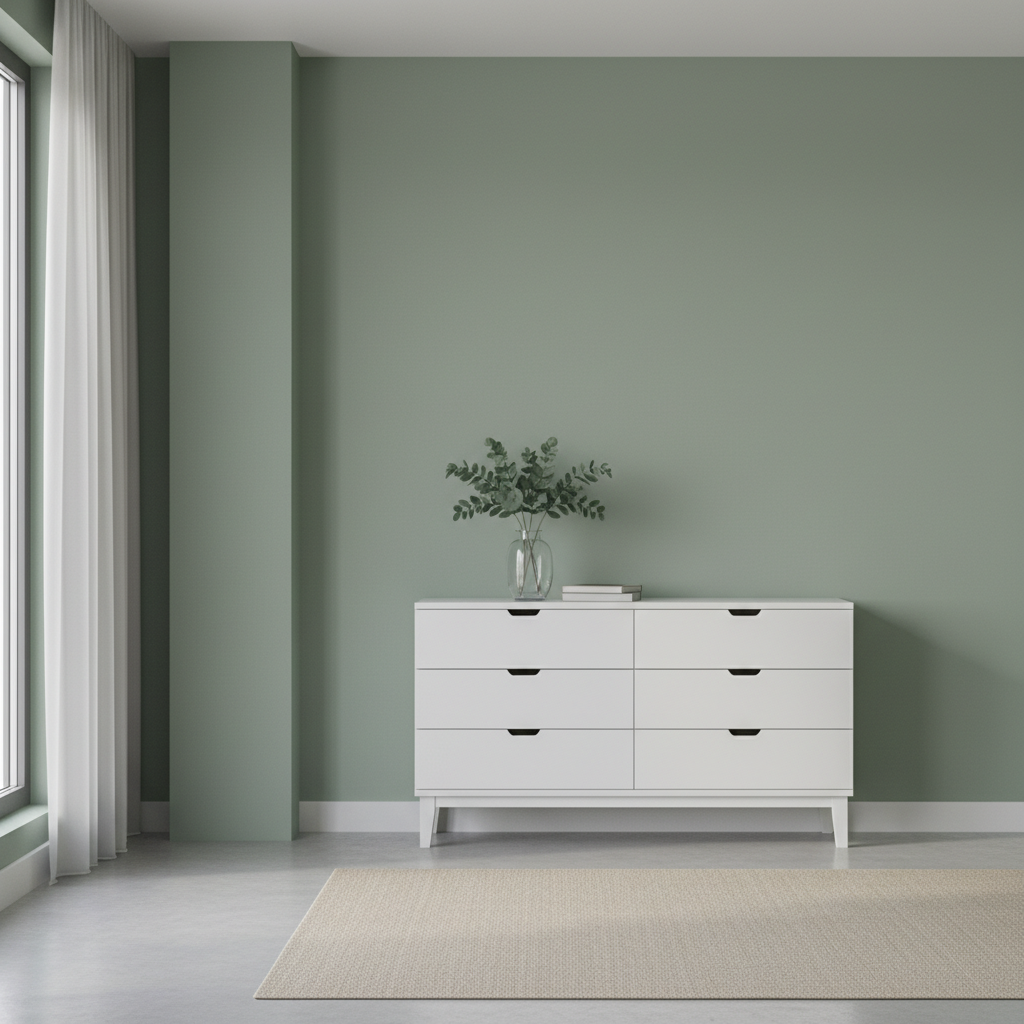 Elegancki, minimalistyczny salon pomalowany na szałwiowy, jasny odcień zieleni. Ściana jest tłem dla prostej, białej komody z drewna. Na komodzie stoi szklany wazon z gałązkami eukaliptusa. Delikatne, rozproszone światło podkreśla spokój i przestronność wnętrza, pokazując jak chłodny kolor optycznie powiększa pokój.