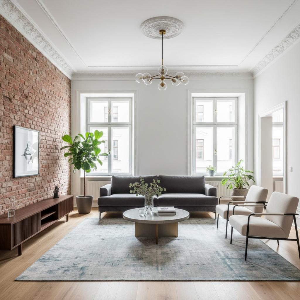 Jasny, elegancki salon w odrestaurowanej kamienicy z wysokimi sufitami, odsłoniętą ceglaną ścianą i nowoczesnymi, stylowymi meblami. Przez duże, klasyczne okna wpada miękkie światło.
