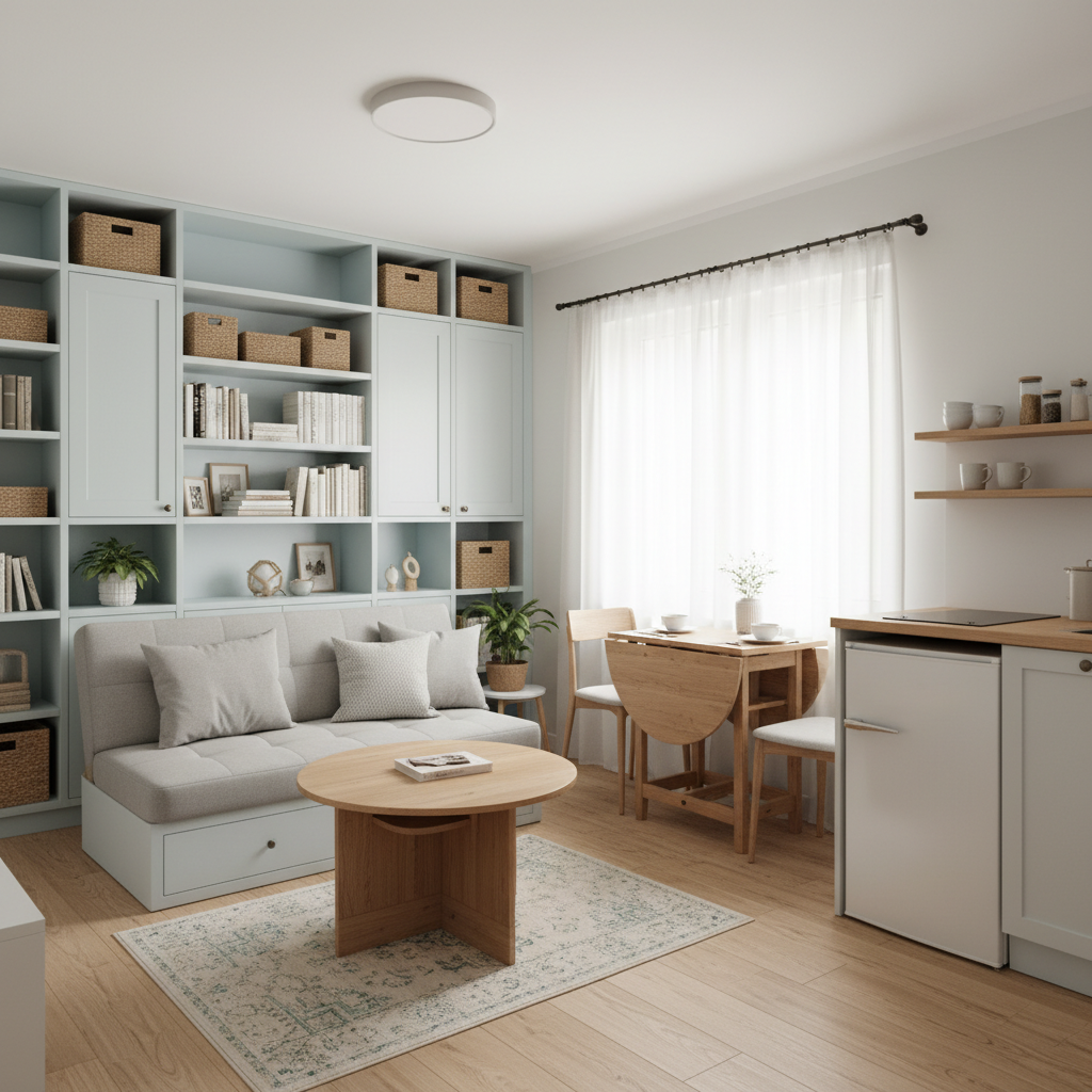 Funkcjonalne i przytulne wnętrze małego domu z otwartą strefą dzienną. Widać sprytne rozwiązania do przechowywania, wielofunkcyjne meble i jasną kolorystykę, która optycznie powiększa przestrzeń.