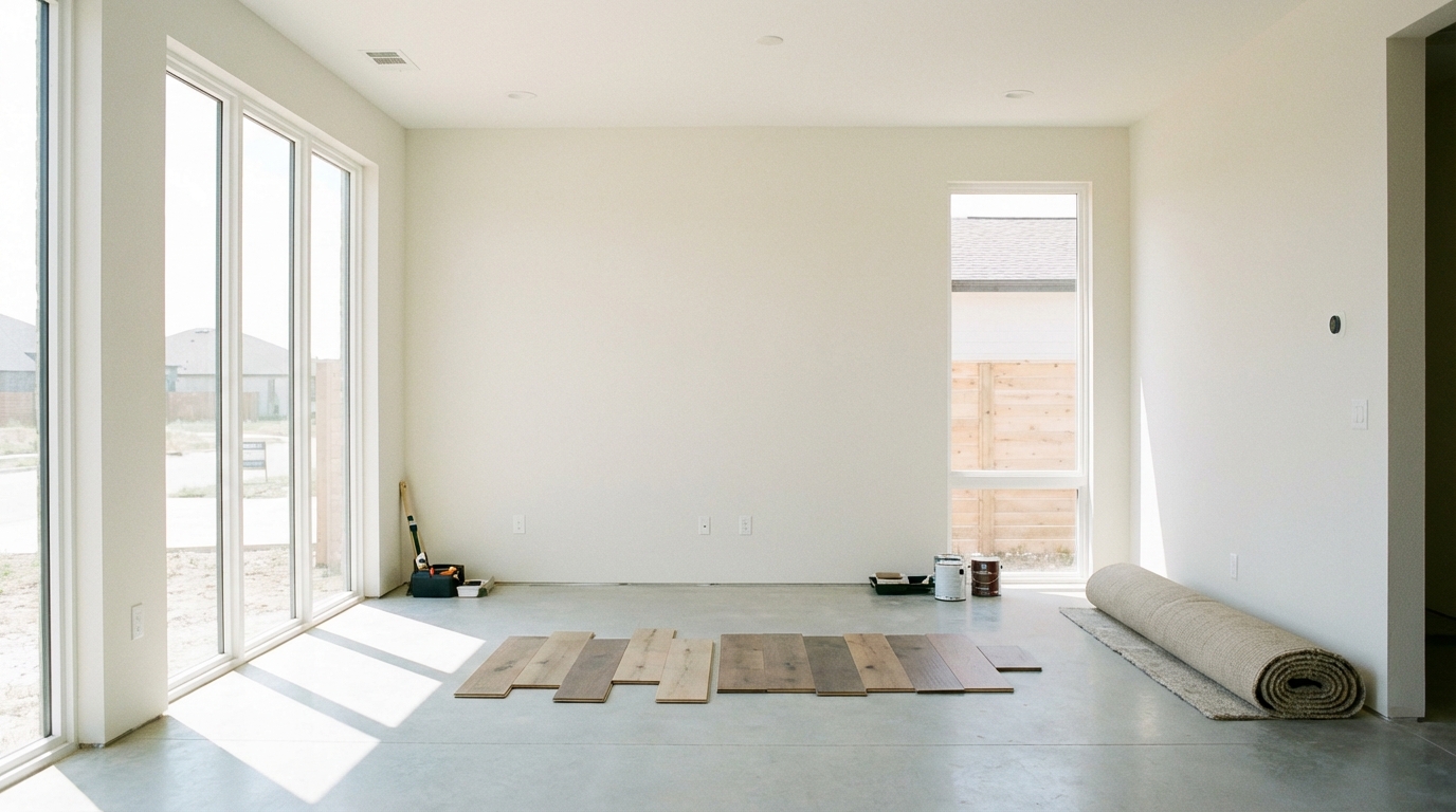 Jasne, przestronne wnętrze nowoczesnego salonu w stanie deweloperskim, zalane naturalnym światłem wpadającym przez duże okna. Ściany są idealnie gładkie, świeżo pomalowane na subtelny, neutralny kolor. Na podłodze leżą próbki paneli, a w rogu stoi zwinięty dywan, sugerując początek etapu urządzania. Obraz ma wzbudzać poczucie satysfakcji i ekscytacji związanej z wykończeniem własnego domu.