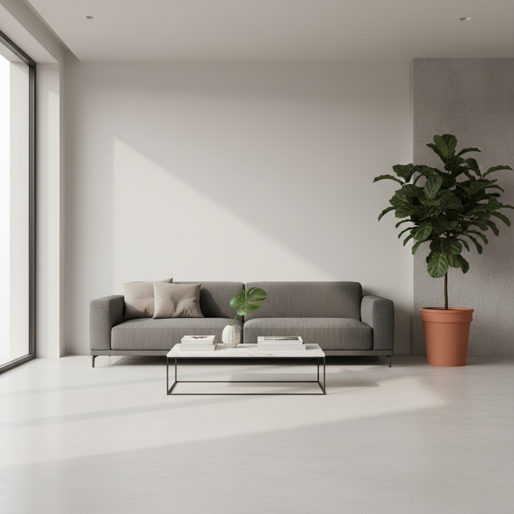 Jasny, przestronny salon urządzony w nowoczesnym, minimalistycznym stylu. Na pierwszym planie widać idealnie gładką, pomalowaną na złamaną biel ścianę, na którą pada miękkie, naturalne światło z dużego okna. W tle sofa, elegancki stolik kawowy i roślina doniczkowa. Całość tworzy wrażenie spokoju, czystości i perfekcyjnego wykończenia.