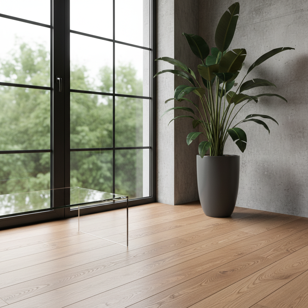 Kadr przedstawiający fragment nowoczesnego wnętrza, gdzie spotykają się różne tekstury. Widoczna jest dębowa, drewniana podłoga, czarna, metalowa rama dużego okna oraz szklany stolik kawowy. W rogu, na tle betonowej ściany, stoi wysoka, prosta donica w kolorze antracytowym z egzotyczną rośliną, co tworzy spójną kompozycję materiałów i form.