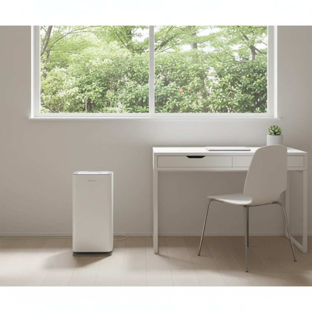 Minimalistyczne wnętrze domowego biura. Pod oknem z widokiem na ogród stoi elegancki, biały klimakonwektor przypodłogowy, który komponuje się z jasną podłogą i prostym biurkiem. Urządzenie jest dyskretne i funkcjonalne, nie zaburzając harmonii przestrzeni.