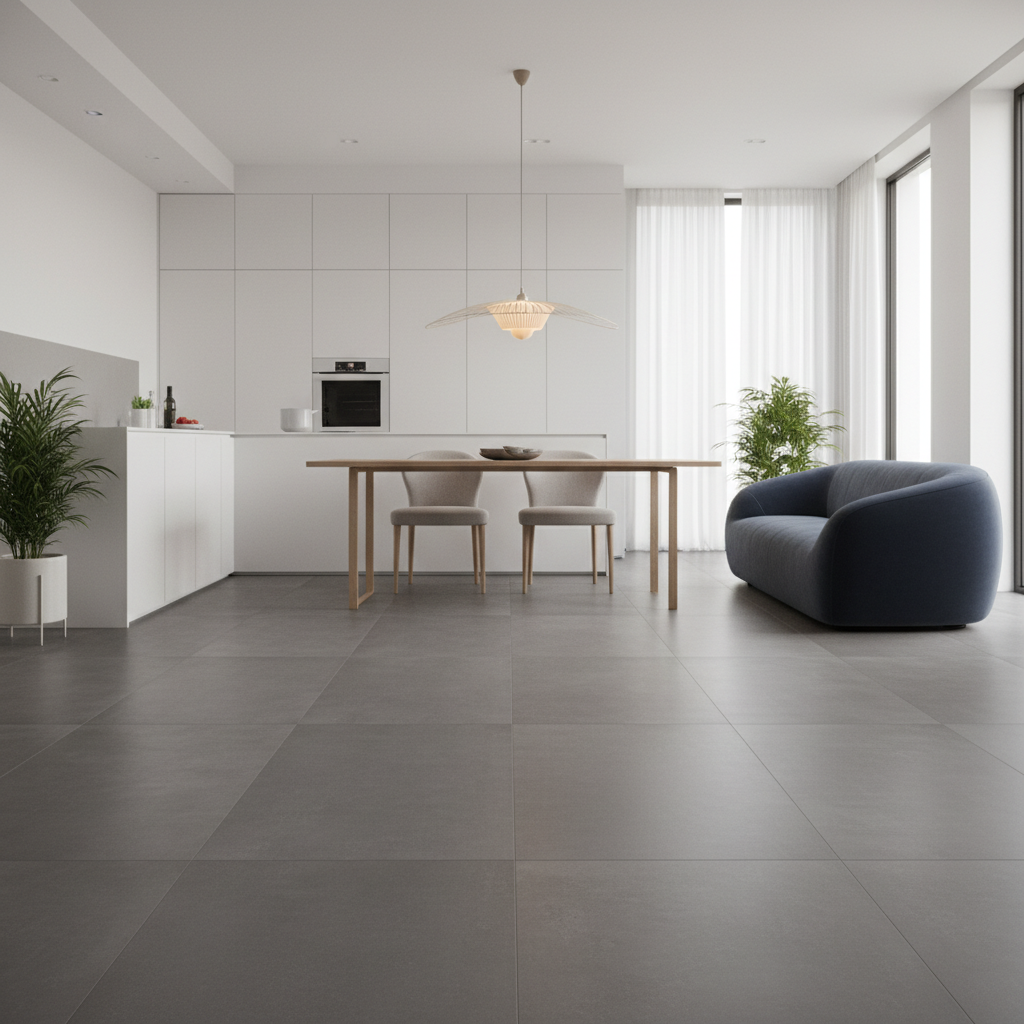 Nowoczesny salon z otwartą kuchnią, gdzie podłoga wyłożona jest dużymi, matowymi płytkami wielkoformatowymi w kolorze grafitowym, imitującymi beton architektoniczny. Minimalna ilość fug potęguje wrażenie przestronności i surowej elegancji. W tle widać prostą, białą zabudowę kuchenną i designerską sofę.