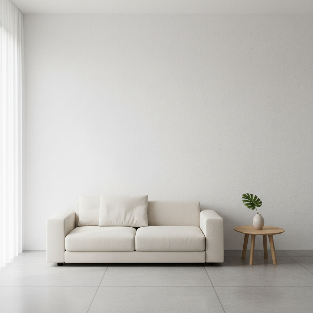 Jasne, minimalistyczne wnętrze salonu ze ścianą pokrytą idealnie gładkim, białym tynkiem. Na ścianę pada delikatne, naturalne światło z okna, podkreślając jej perfekcyjną powierzchnię. Wnętrze jest czyste, nowoczesne i sprawia wrażenie zdrowego i komfortowego.