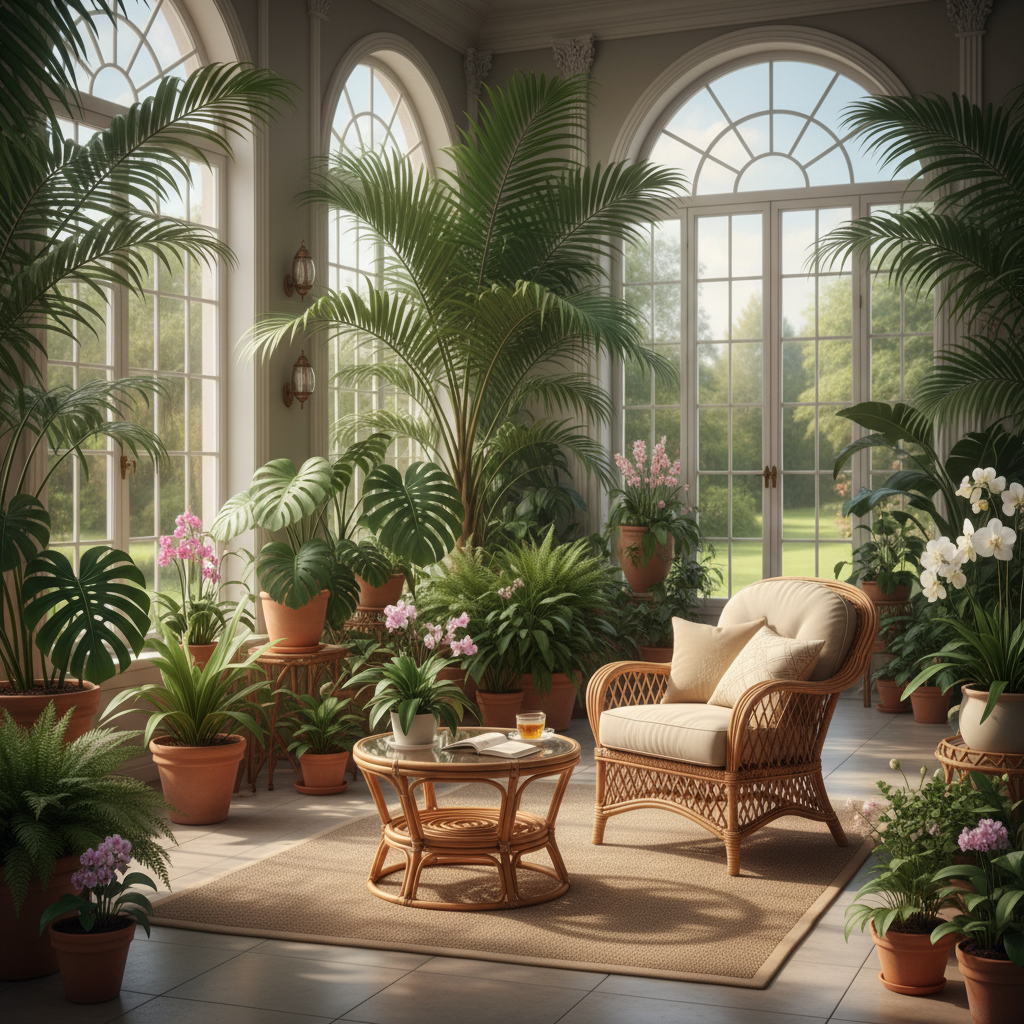 Jasne i przestronne wnętrze ogrodu zimowego, wypełnione bujną, zieloną roślinnością. Promienie słońca delikatnie przenikają przez duże, szklane okna, oświetlając eleganckie, rattanowe meble ustawione na tle egzotycznych palm i kwitnących kwiatów. Atmosfera jest spokojna i relaksująca, tworząc idealne miejsce do odpoczynku.