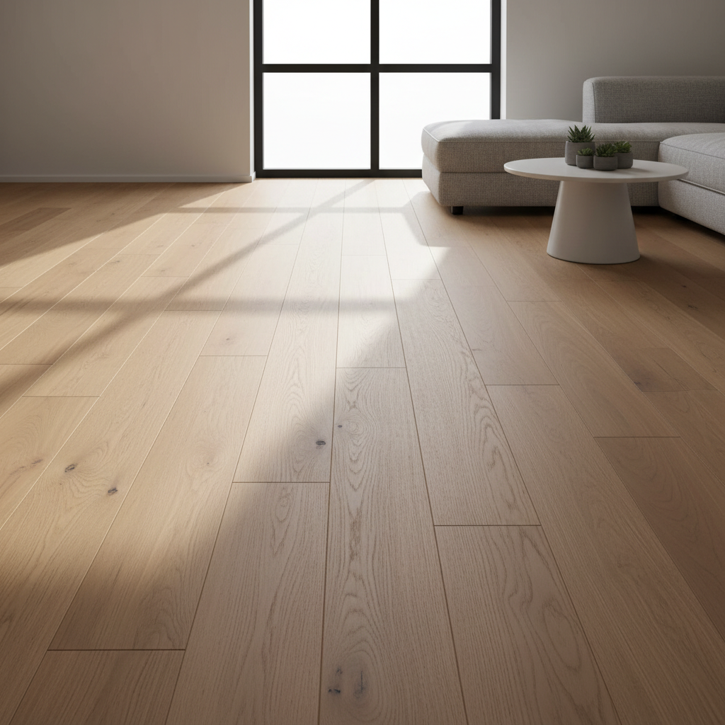 Minimalistycznie urządzony pokój dzienny z dużym oknem. Perspektywa zdjęcia skupia się na podłodze, na której ułożono bardzo szerokie i długie panele w odcieniu ciepłego, naturalnego drewna. Minimalna ilość fug tworzy wrażenie jednolitej, gładkiej powierzchni, która potęguje uczucie przestronności.