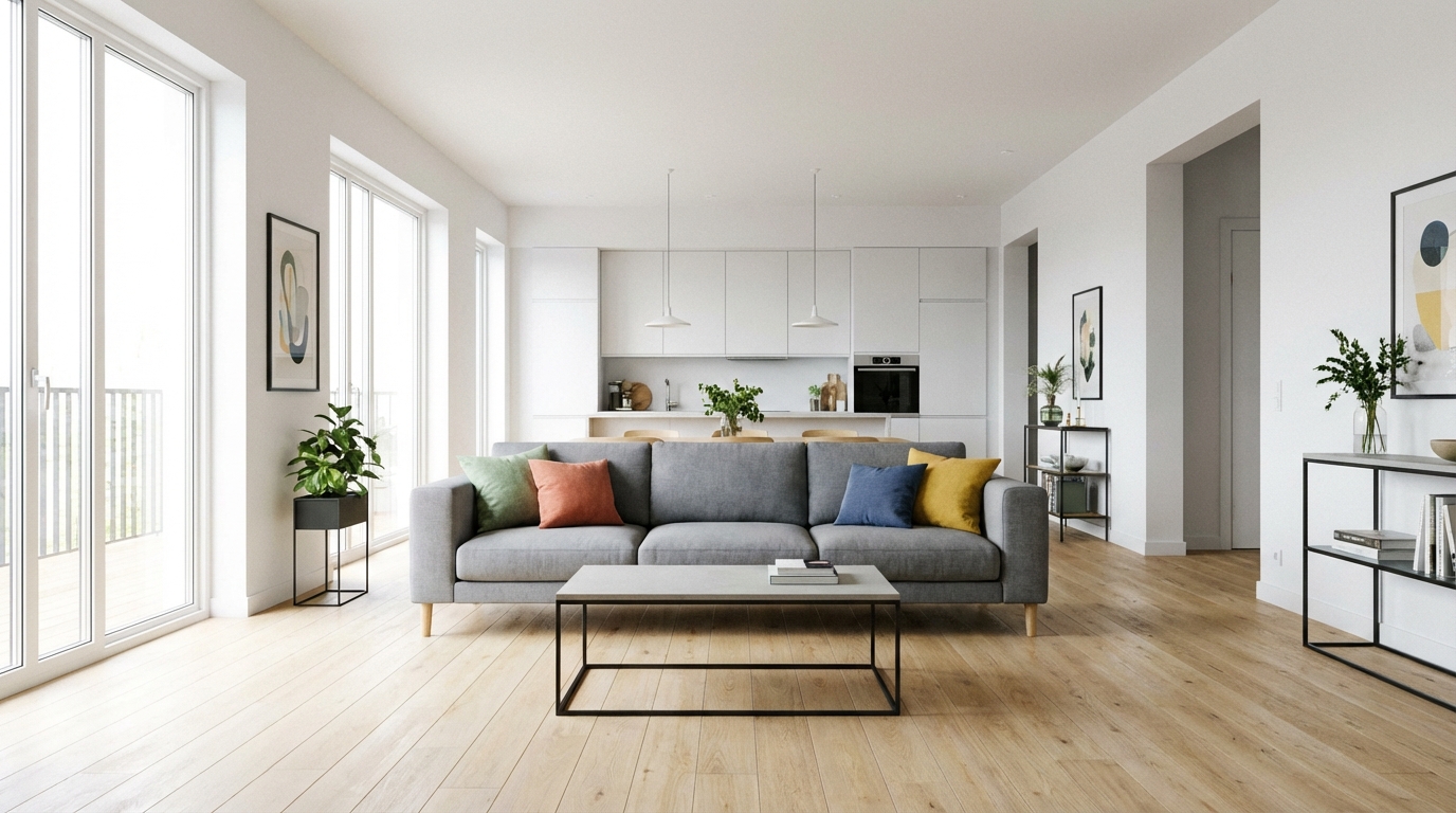 Jasny, przestronny salon po nowoczesnym remoncie. Duże okno wpuszcza mnóstwo naturalnego światła, które odbija się od białych ścian i jasnej, drewnianej podłogi. W centrum stoi wygodna, szara sofa z kolorowymi poduszkami. Obok niej minimalistyczny stolik kawowy, a w tle widać fragment stylowej kuchni. Całość tworzy wrażenie czystości, spokoju i doskonale wykonanej pracy.