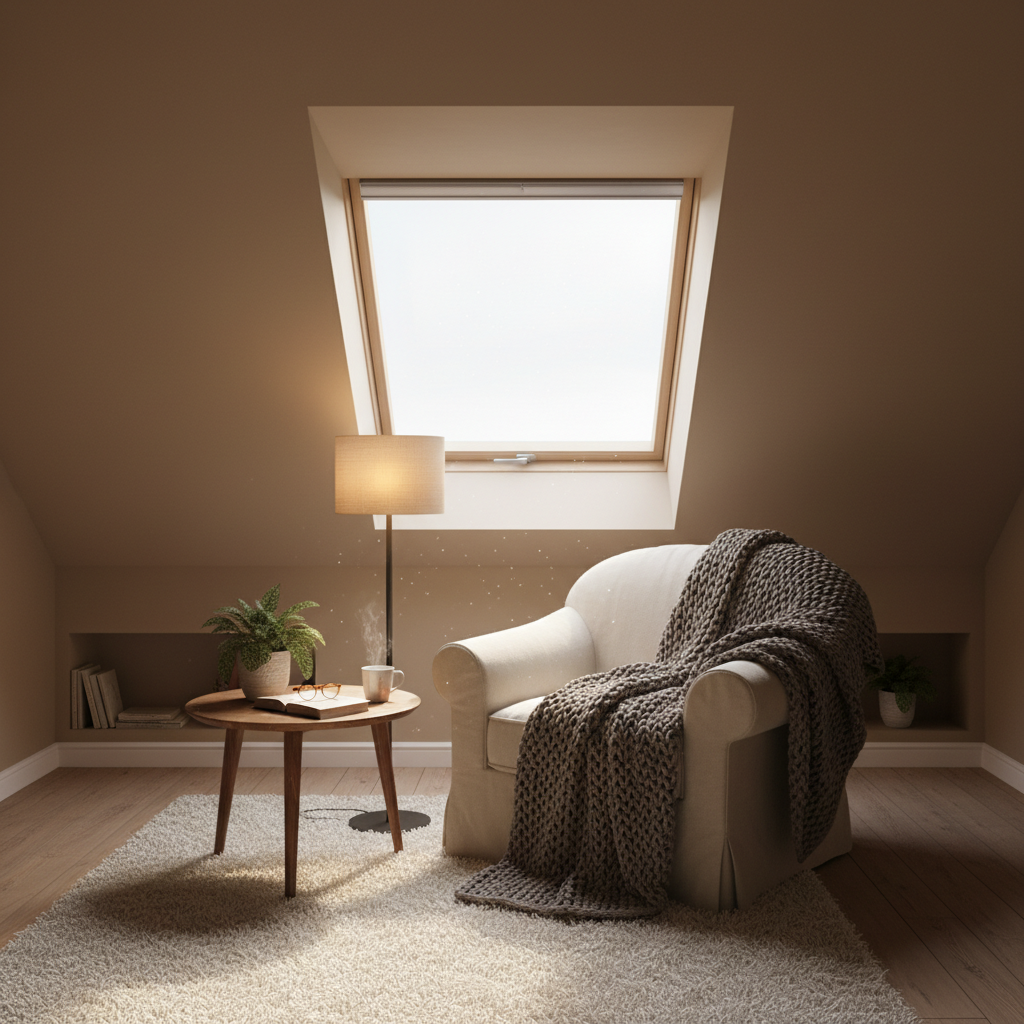 Przytulny kącik do czytania urządzony bezpośrednio pod skosem dachu w sypialni na poddaszu. Widać wygodny fotel z miękkim kocem, mały stolik kawowy i stylową lampę podłogową. Przez okno dachowe umieszczone w skosie wpada miękkie, rozproszone światło, tworząc idealną atmosferę do relaksu. Ściany są w ciepłym, neutralnym kolorze, a na podłodze leży puszysty dywan.