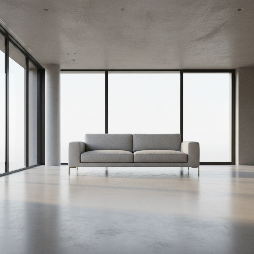 Elegancki, minimalistyczny salon z dużymi oknami i gładką, jednolitą podłogą z polerowanego betonu lub dużych płytek. Na środku stoi nowoczesna sofa na cienkich, metalowych nóżkach. Nie ma żadnych widocznych grzejników, co podkreśla czystość i przestronność wnętrza. Kadr skupia się na fragmencie podłogi i mebli, sugerując ciepło i komfort płynący od dołu.
