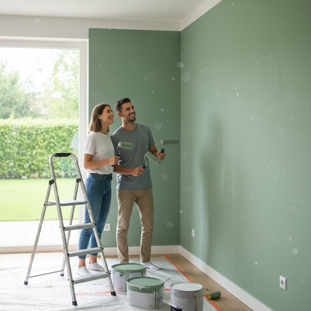 Jasne, dobrze oświetlone wnętrze nowoczesnego salonu w trakcie remontu. Jedna ściana jest świeżo pomalowana na modny, szałwiowy kolor, a obok stoi drabina malarska i puszki z farbą. Młoda para z uśmiechem patrzy na efekt swojej pracy, trzymając w rękach wałki malarskie. W tle widać okno z widokiem na zielony ogród.