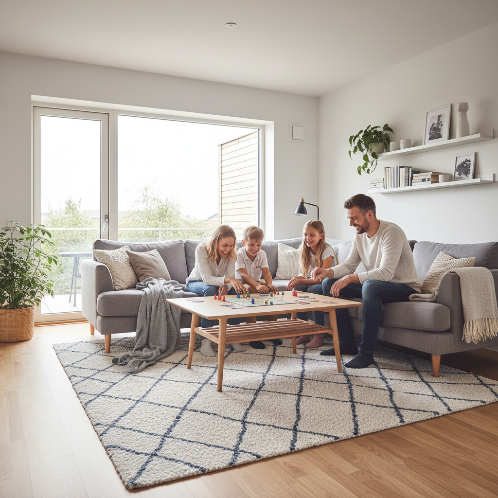 Jasny, przestronny salon w nowoczesnym domu, urządzony w stylu skandynawskim. Duże okno tarasowe wpuszcza mnóstwo naturalnego światła. Na wygodnej, szarej kanapie siedzi rodzina z dwójką dzieci, wspólnie grając w grę planszową. Wnętrze jest przytulne, pełne ciepła i śmiechu, podkreślając integracyjną rolę otwartej przestrzeni dziennej.