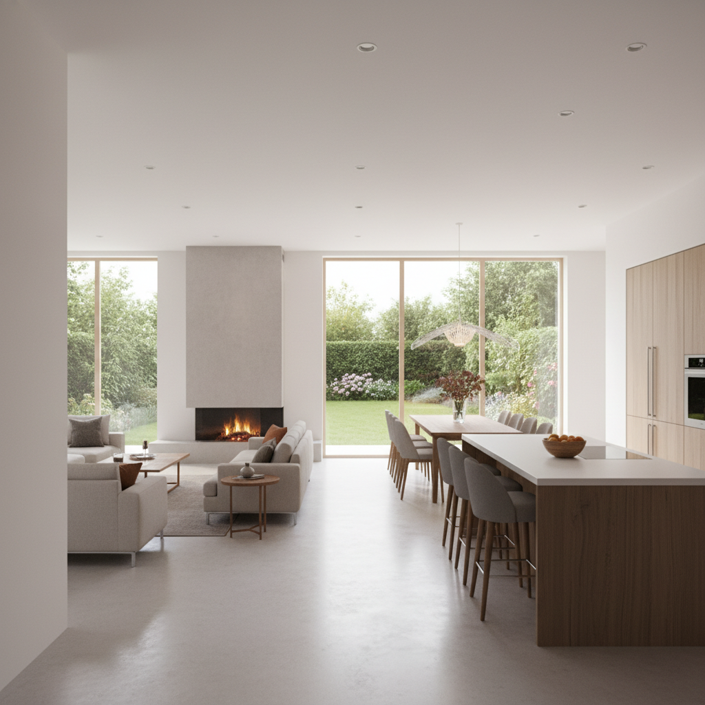 Jasne, otwarte wnętrze parteru domu. W centrum znajduje się duży, komfortowy salon z nowoczesnym kominkiem i widokiem na ogród przez panoramiczne okna. Dalej widać stół jadalniany, a w tle nowoczesną, otwartą kuchnię z dużą, centralnie umieszczoną wyspą, przy której stoją eleganckie stołki barowe. Całość utrzymana jest w jasnej kolorystyce z akcentami drewna.