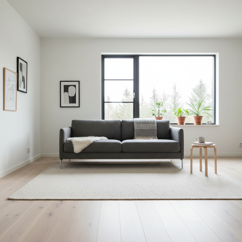 Jasne, przestronne wnętrze w stylu skandynawskim z podłogą z bielonego dębu. Na podłodze stoi prosta, ciemnoszara sofa, a obok niej mały, okrągły stolik z jasnego drewna. Ściany są białe, a przez duże okno wpada mnóstwo naturalnego światła, podkreślając lekkość aranżacji.