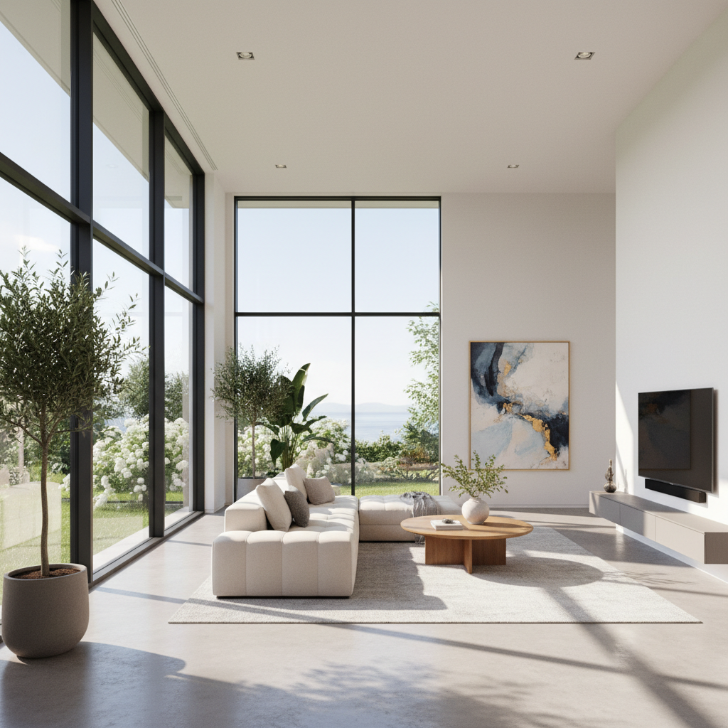 Jasne, przestronne wnętrze salonu w nowoczesnym domu, z ogromnymi oknami sięgającymi od podłogi do sufitu. Okna wychodzą na południową stronę, wpuszczając do środka mnóstwo naturalnego światła słonecznego, które tworzy ciepłą i przytulną atmosferę. Wnętrze jest minimalistycznie urządzone, co dodatkowo podkreśla przestrzeń i grę światła.