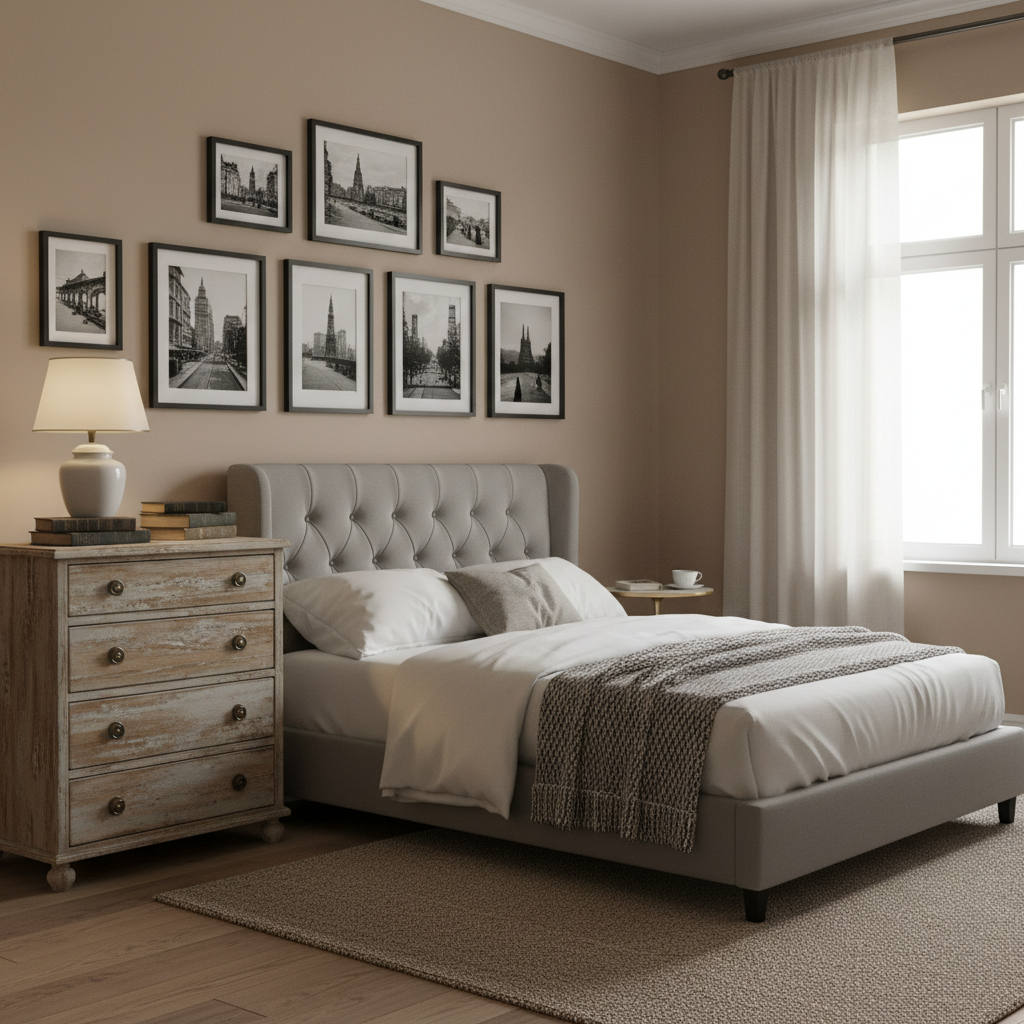 Przytulna sypialnia z meblami w stylu vintage, gdzie nowoczesne łóżko z tapicerowanym zagłówkiem łączy się z drewnianą komodą z efektem postarzenia. Na ścianie wiszą czarno-białe fotografie w prostych ramach, a całość oświetla ciepłe, rozproszone światło.
