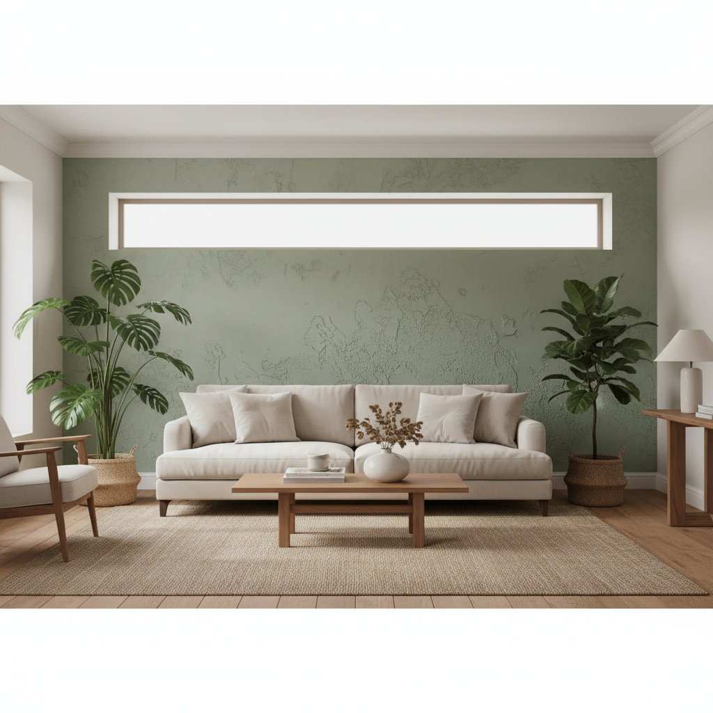 Elegancki, przestronny salon z dużą, wygodną sofą w neutralnym kolorze. Za sofą znajduje się ściana akcentowa pokryta dekoracyjnym tynkiem o subtelnej, nieregularnej fakturze w odcieniu szałwiowej zieleni. Naturalne światło wpadające przez duże okno pięknie podkreśla trójwymiarowość ściany. Wnętrze jest minimalistyczne, ale przytulne, z drewnianymi akcentami i żywymi roślinami.