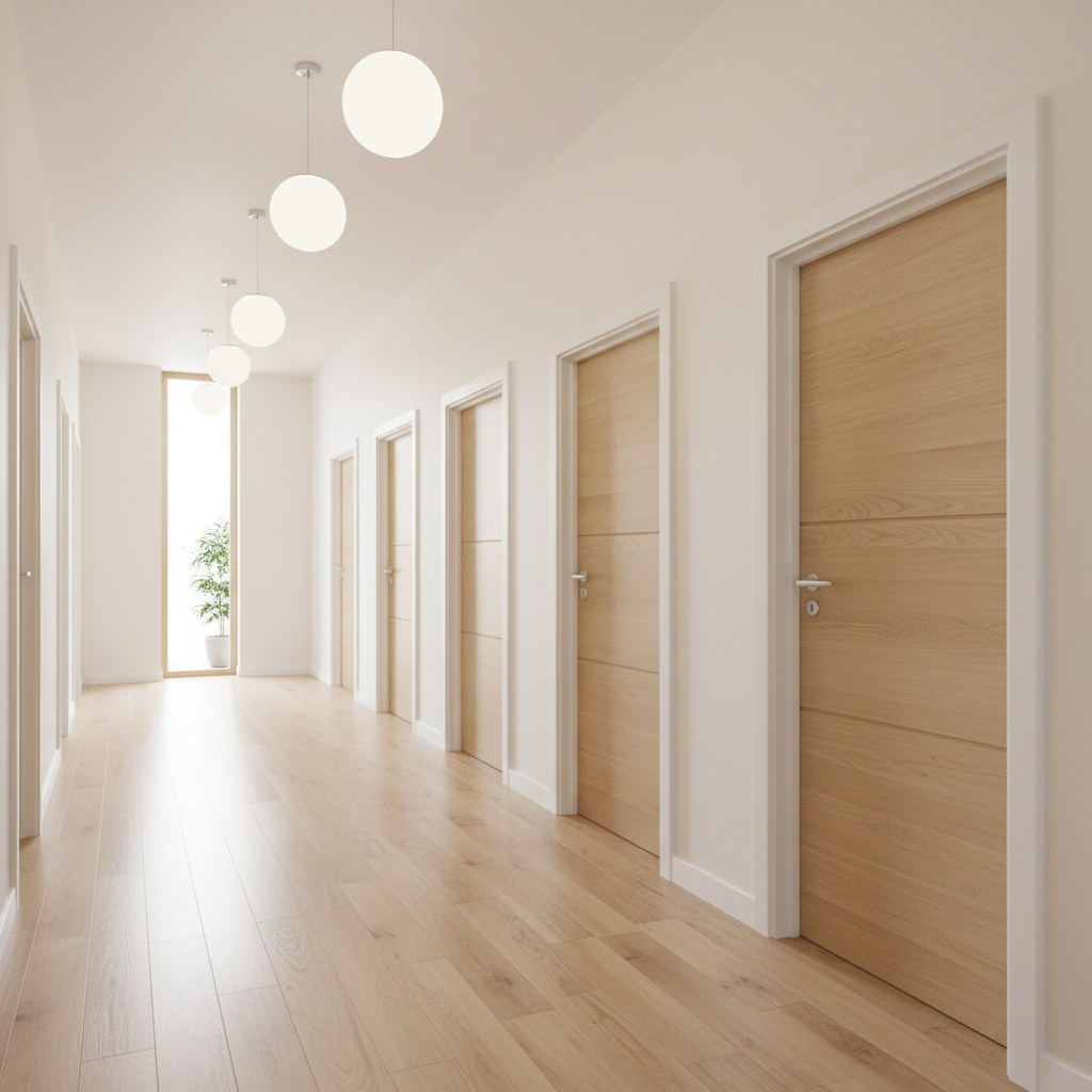 Jasny korytarz w nowoczesnym domu, w którym widać kilka identycznych, eleganckich drzwi Classen z dopasowanymi ościeżnicami. Perspektywa korytarza podkreśla spójność i harmonię aranżacji, a ciepłe oświetlenie dodaje przytulności.