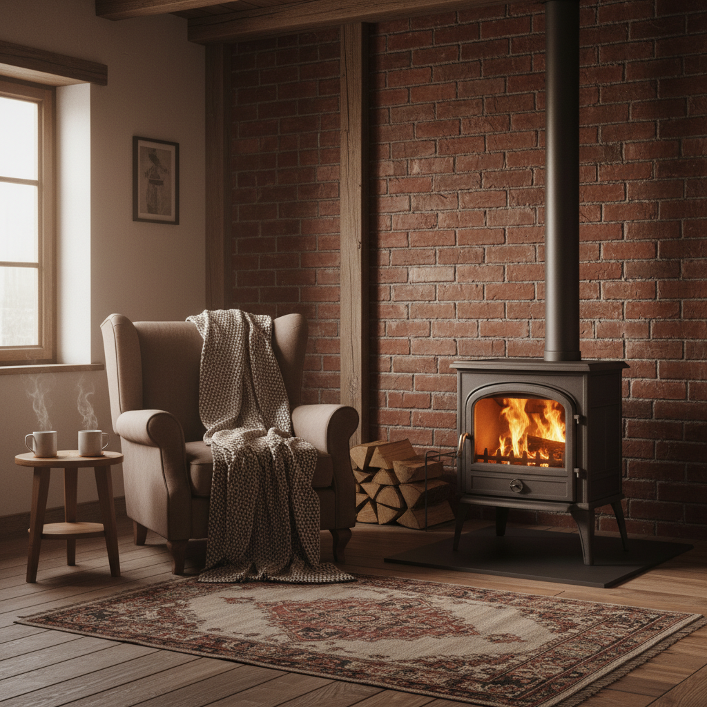 Rustykalne, urokliwe wnętrze z klasycznym, żeliwnym piecem wolnostojącym (kozą). Odsłonięta ściana z cegły, drewniane belki na suficie, wygodny fotel z kocem. W piecu delikatnie pali się ogień. Ciepła, zachęcająca atmosfera, która podkreśla tradycyjny urok pieców na drewno.