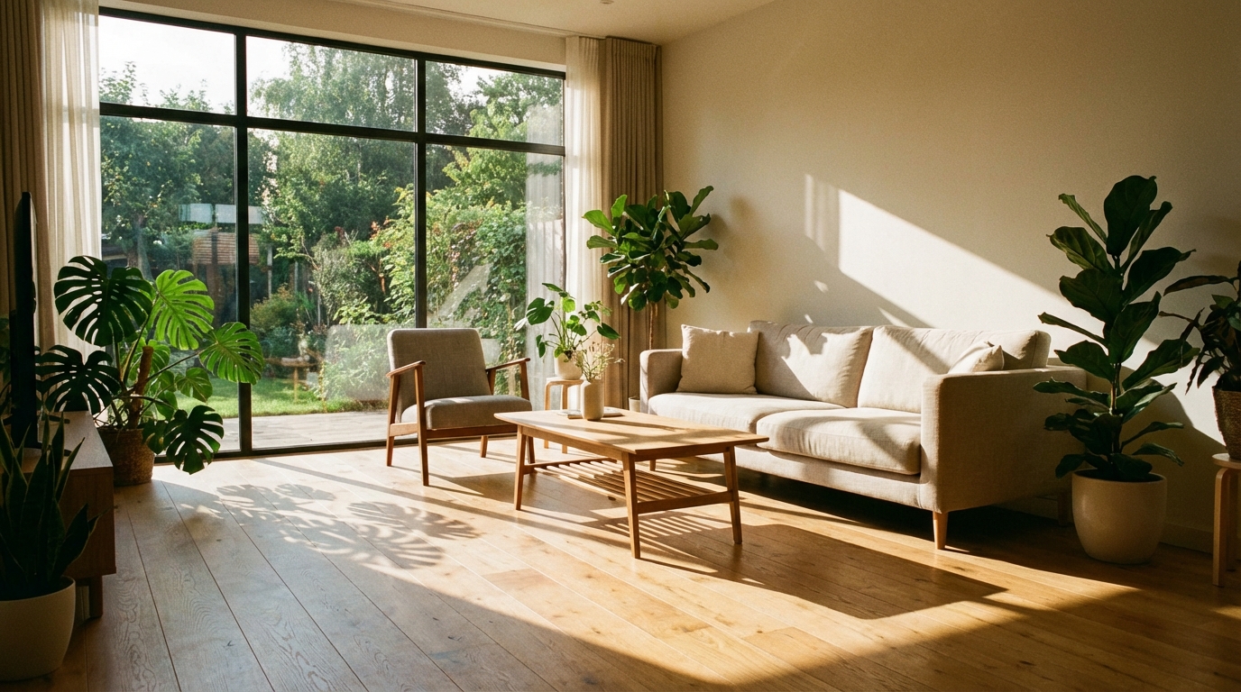 Wnętrze nowoczesnego salonu z widokiem na duże okno. Przez szybę wpadają promienie słoneczne, tworząc na drewnianej podłodze geometryczne plamy światła i cienia. W tle widać minimalistyczne meble i zielone rośliny, co tworzy ciepłą i przytulną atmosferę.