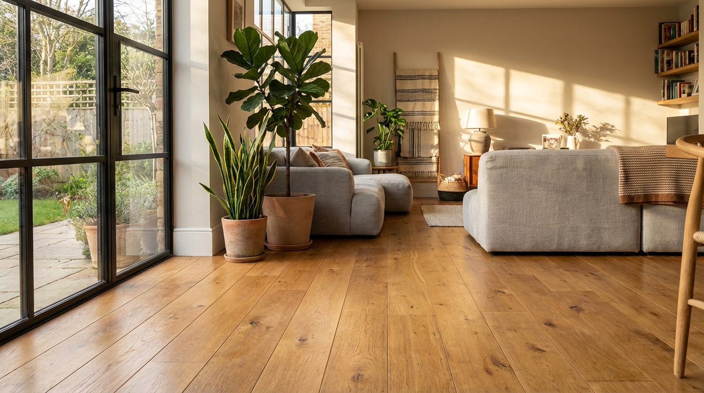 Stylowy salon z dużymi oknami, przez które wpada naturalne światło, podkreślając piękno drewnianej podłogi. W tle widać fragment nowoczesnej kanapy i kilka roślin doniczkowych, co tworzy harmonijną i przytulną atmosferę.