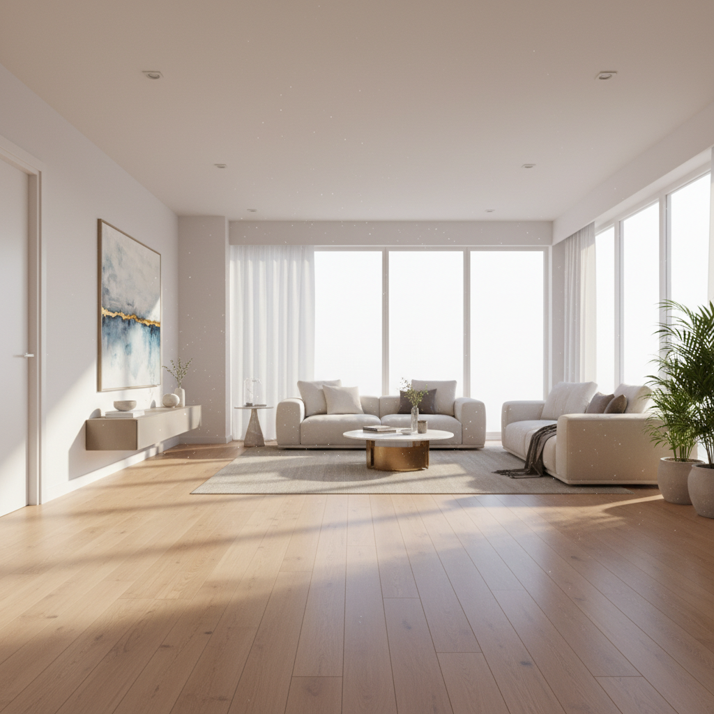 Jasne, przestronne wnętrze nowoczesnego salonu z piękną, drewnianą podłogą. Przez duże okna wpada ciepłe, poranne słońce, podkreślając czystość i przytulność przestrzeni. Na podłodze nie widać żadnych grzejników, co potęguje wrażenie minimalizmu i elegancji.