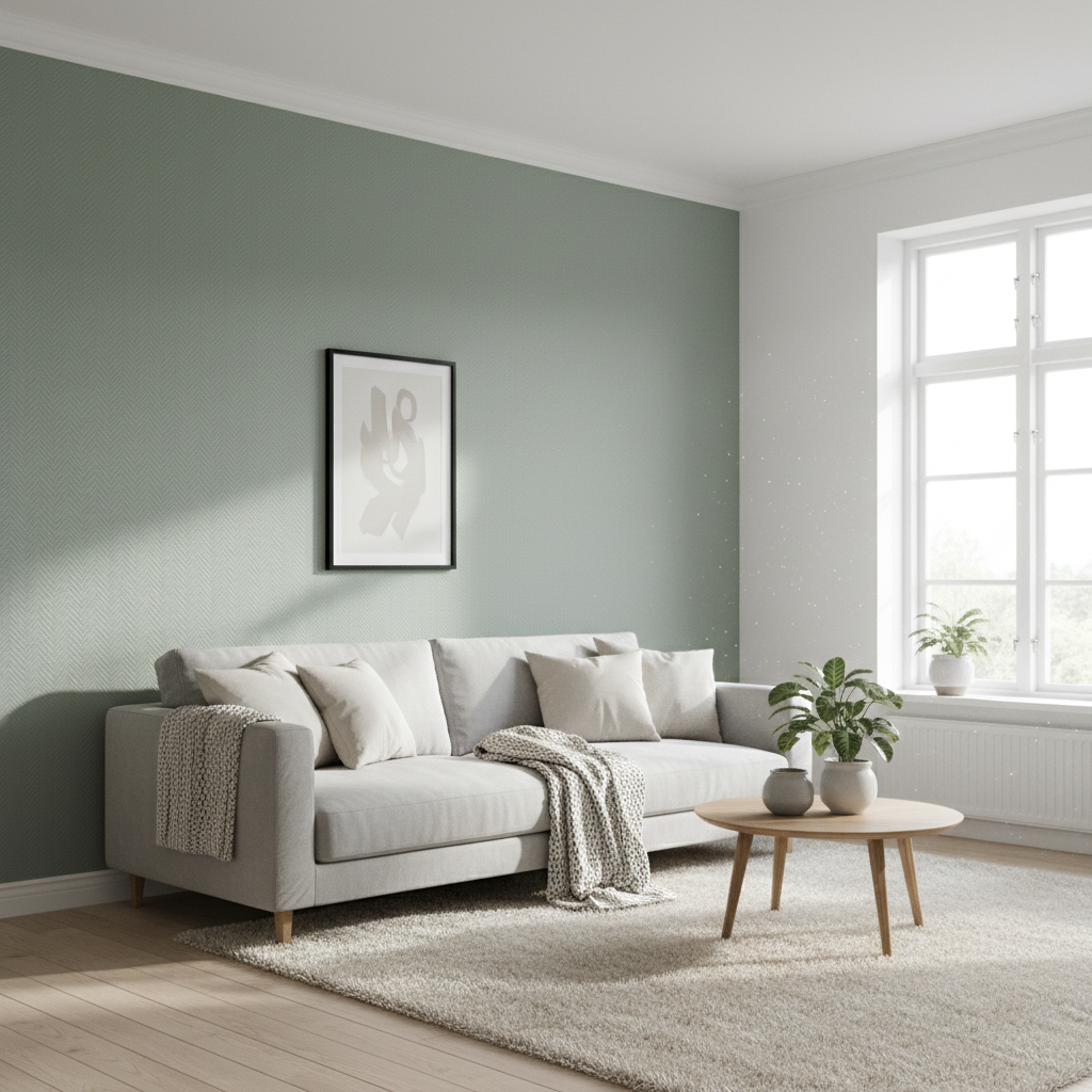 Jasny, przestronny salon w stylu skandynawskim. Jedna ze ścian jest pokryta tapetą z włókna szklanego o subtelnej fakturze jodełki, pomalowaną na elegancki, szałwiowy kolor. Na ścianie wisi prosta, czarna rama z grafiką. Obok stoi wygodna sofa, a na podłodze leży miękki dywan. Światło dzienne wpada przez duże okno, podkreślając teksturę ściany.