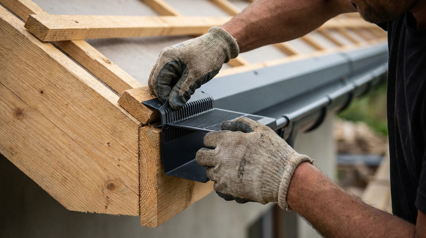 Zbliżenie na krawędź dachu w trakcie budowy. Dłonie dekarza w rękawicach roboczych precyzyjnie montują czarny grzebień okapowy (wróblówkę) z widoczną kratką wentylacyjną. W tle widać fragment nowo zamontowanej, antracytowej rynny oraz drewniane łaty i kontrłaty. Światło jest naturalne, dzienne, skupione na detalu montażu i fakturze materiałów, co podkreśla profesjonalizm wykonania.