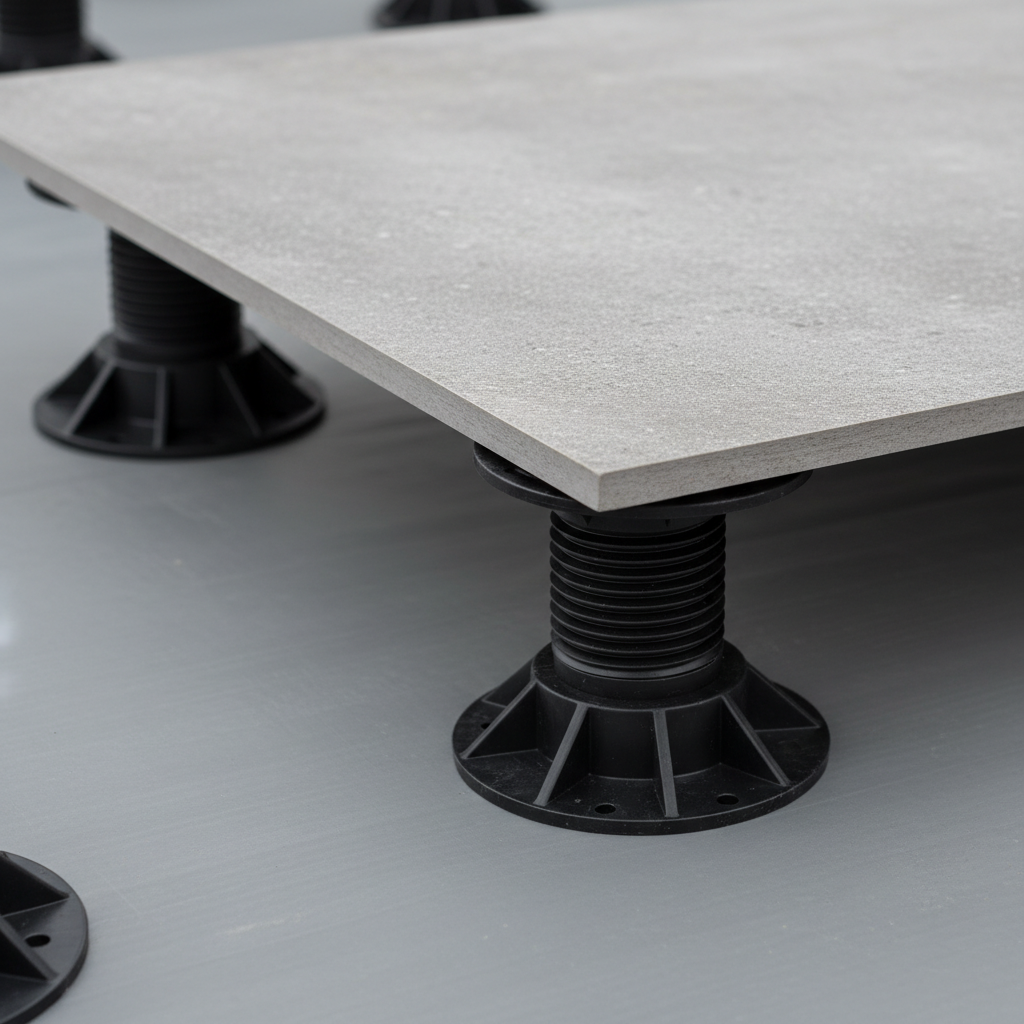 Zbliżenie na czarne, regulowane wsporniki tarasowe ustawione na szarej hydroizolacji. Na jednym ze wsporników spoczywa narożnik dużej, nowoczesnej płyty gresowej imitującej beton. Kadr jest czysty, techniczny i pokazuje detal konstrukcji.