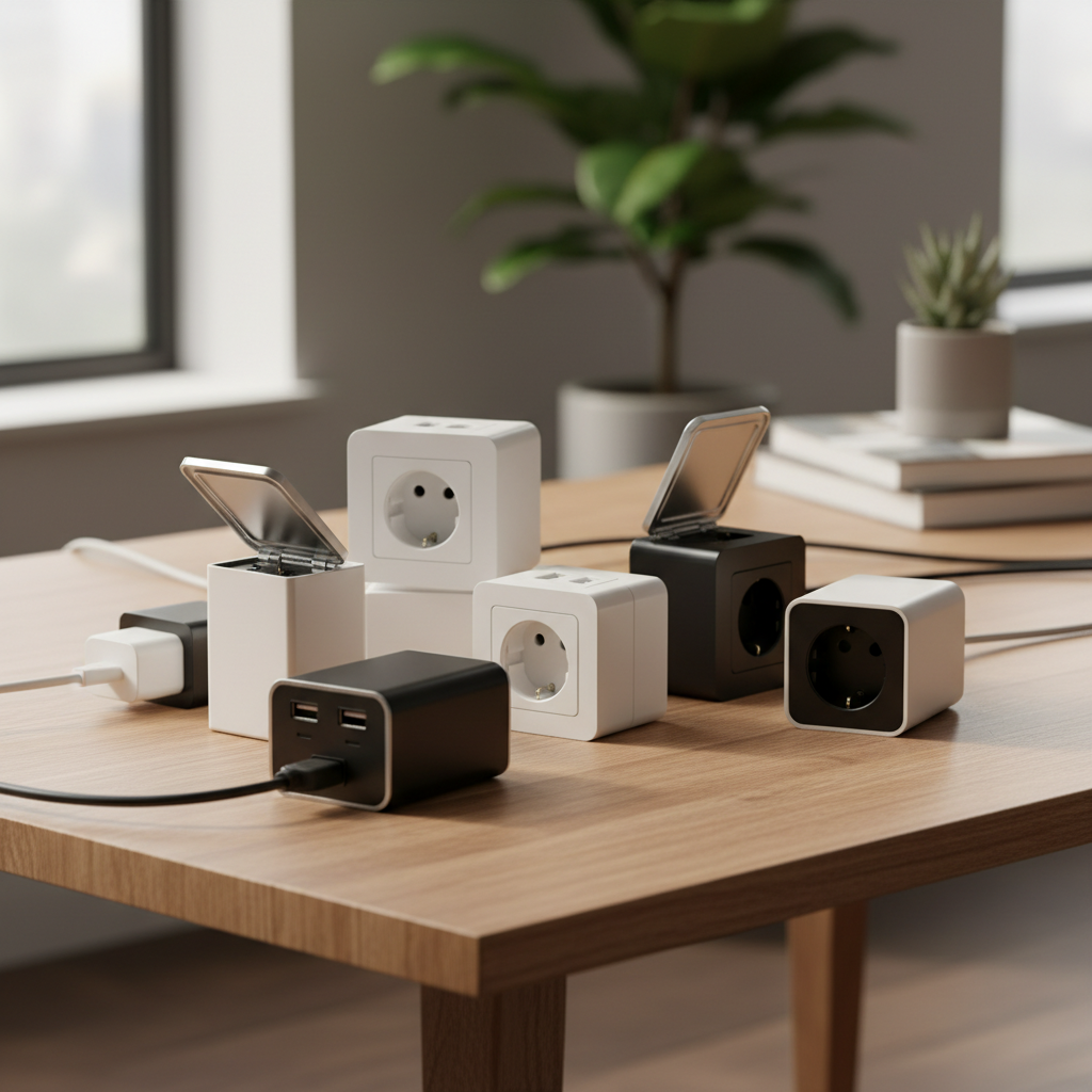 Elegancka kompozypozycja kilku nowoczesnych gniazdek elektrycznych ułożonych na drewnianym stole. Widoczne są różne kolory (biały, czarny, srebrny) oraz typy (standardowe, z portami USB, z klapką). Ciepłe, naturalne oświetlenie.
