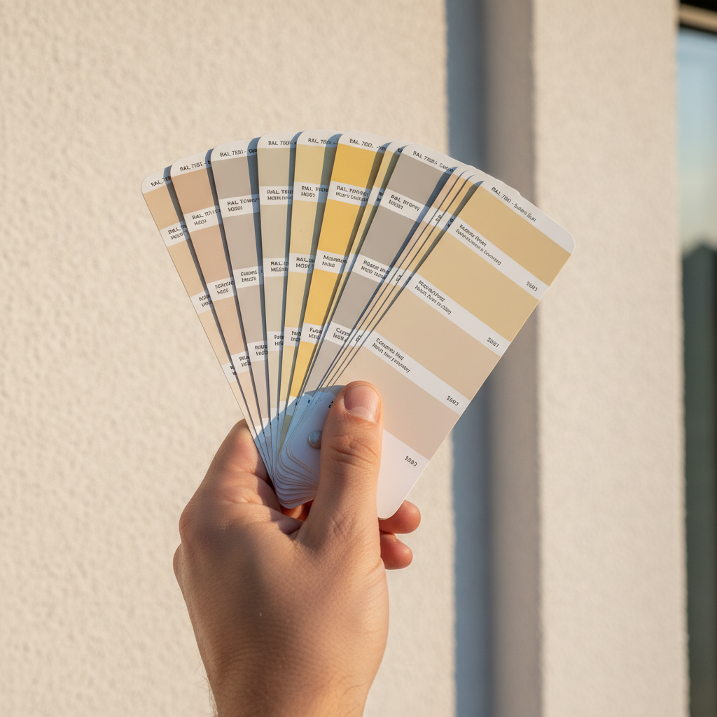 Zbliżenie na dłoń trzymającą wzornik kolorów farb fasadowych na tle jasnej, otynkowanej ściany domu. Słońce delikatnie oświetla scenę, podkreślając teksturę tynku.