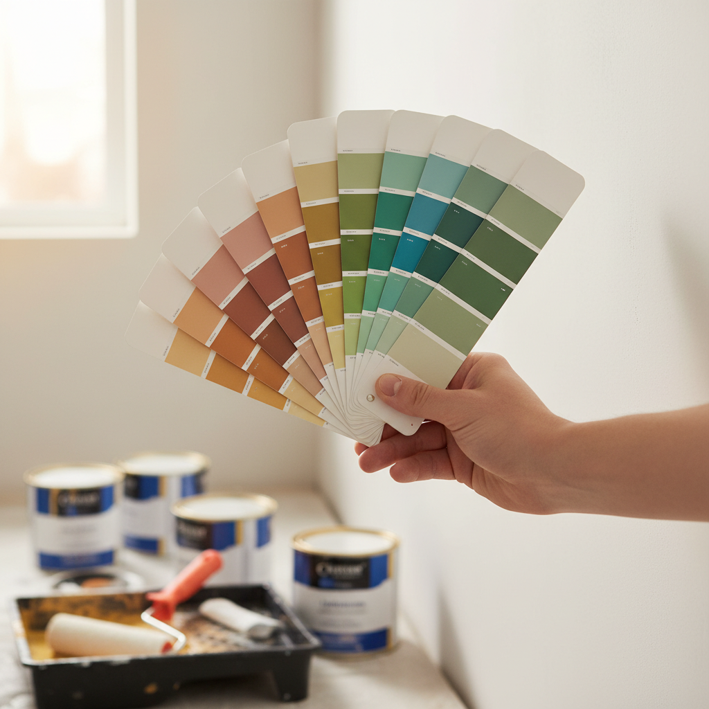 Zbliżenie na dłoń osoby trzymającej wachlarz z próbkami kolorów farb na tle świeżo zagruntowanej, jasnej ściany. W tle widać wałki malarskie i puszki z farbą, co sugeruje proces wyboru i przygotowań do malowania. Ciepłe, naturalne światło pada na scenę.