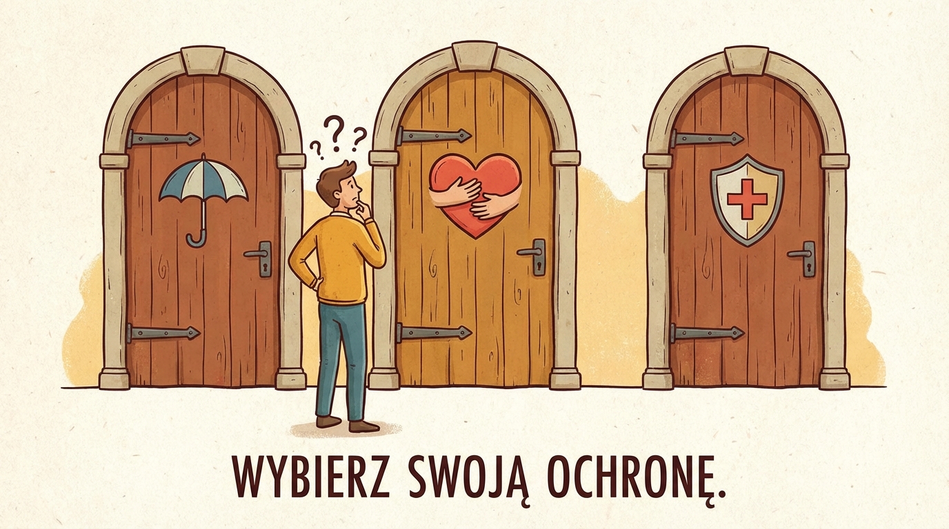 Stylizowana grafika przedstawiająca osobę stojącą przed trzema drzwiami oznaczonymi różnymi symbolami ubezpieczeń (np. parasol ochronny, serce, tarcza). Osoba zastanawia się, które drzwi wybrać, co symbolizuje proces podejmowania decyzji i wyboru najlepszej oferty ubezpieczeniowej.