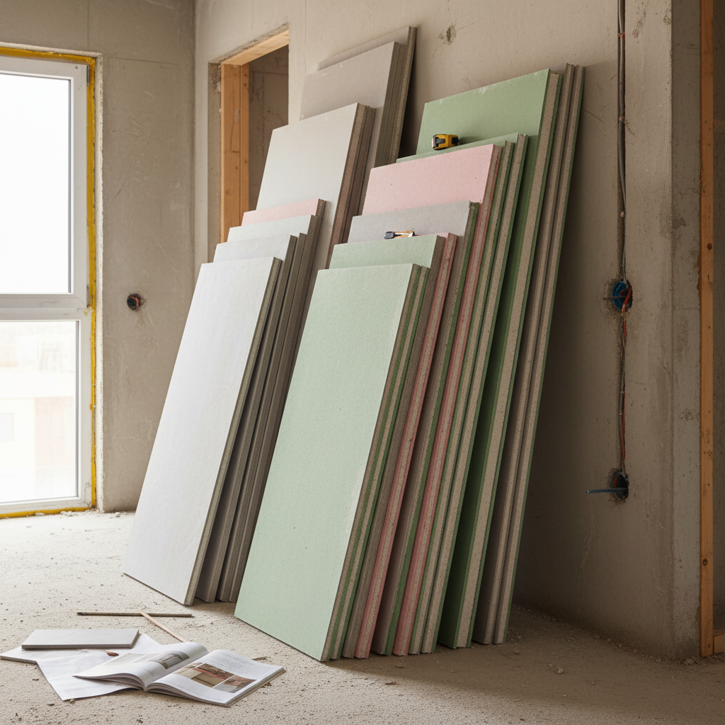 Stos różnych rodzajów płyt gipsowo-kartonowych (standardowa szara, zielona wodoodporna, różowa ogniochronna) oparty o ścianę w pomieszczeniu w trakcie budowy. Miękkie, naturalne światło podkreśla ich tekstury i kolory, symbolizując etap podejmowania decyzji materiałowych.
