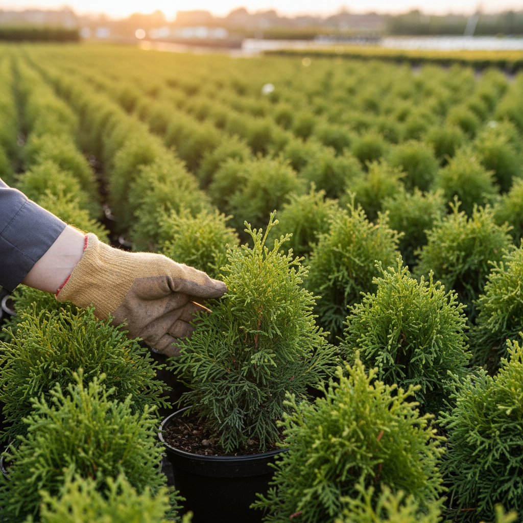 Dłoń ogrodnika w rękawicy delikatnie dotyka zdrowej, zielonej sadzonki tui szmaragdowej w czarnej doniczce. W tle widać więcej sadzonek ustawionych w rzędach w centrum ogrodniczym, tworząc wrażenie obfitości i możliwości wyboru.