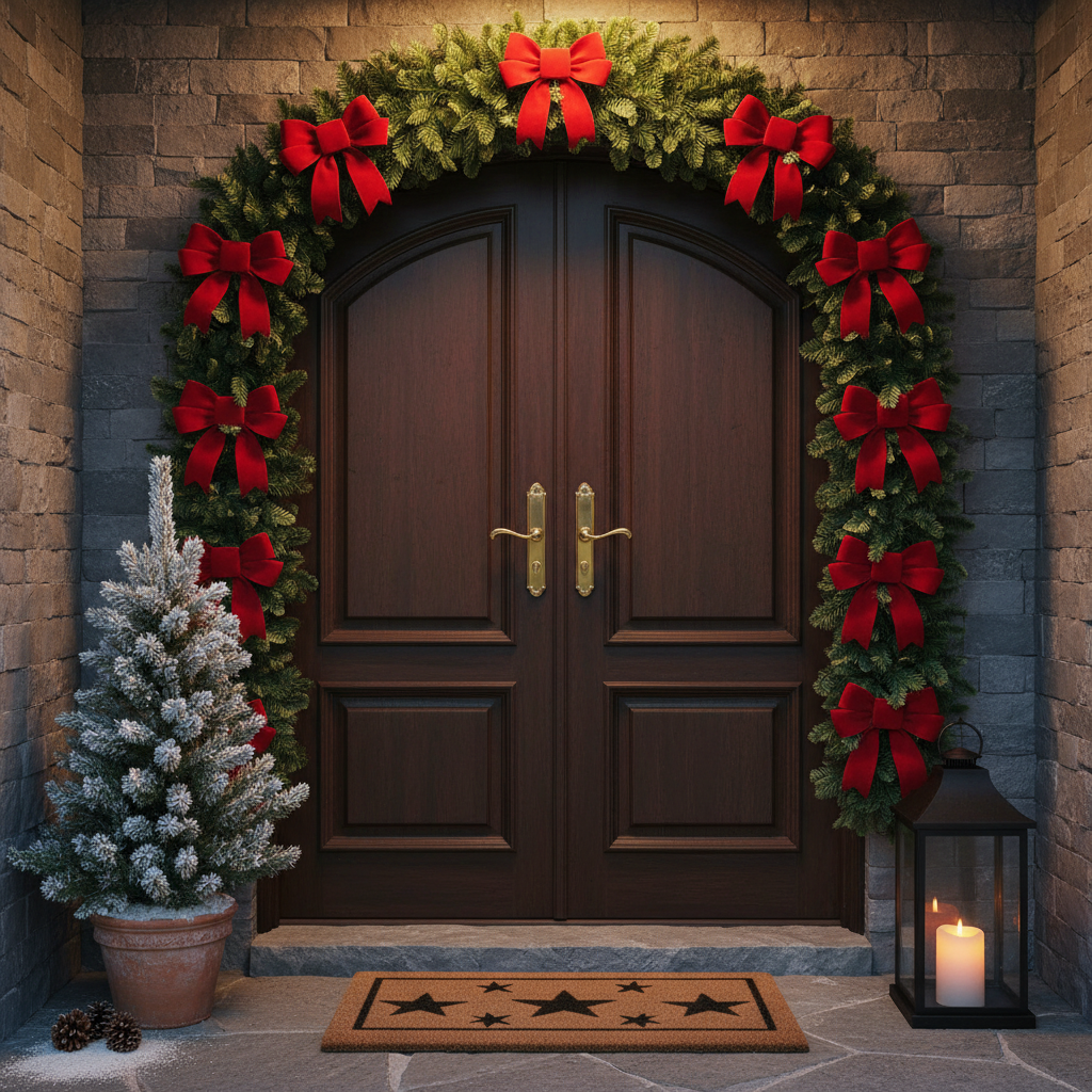 Widok na eleganckie, ciemne drzwi wejściowe ozdobione dużą, zieloną girlandą z czerwonymi kokardami. Na progu leży brązowa wycieraczka z kokosa z białym, gwiazdkowym wzorem. Obok drzwi stoi mała, ośnieżona choinka w donicy i stylowa latarenka ze świecą w środku. Całość tworzy ciepłą i zapraszającą atmosferę.