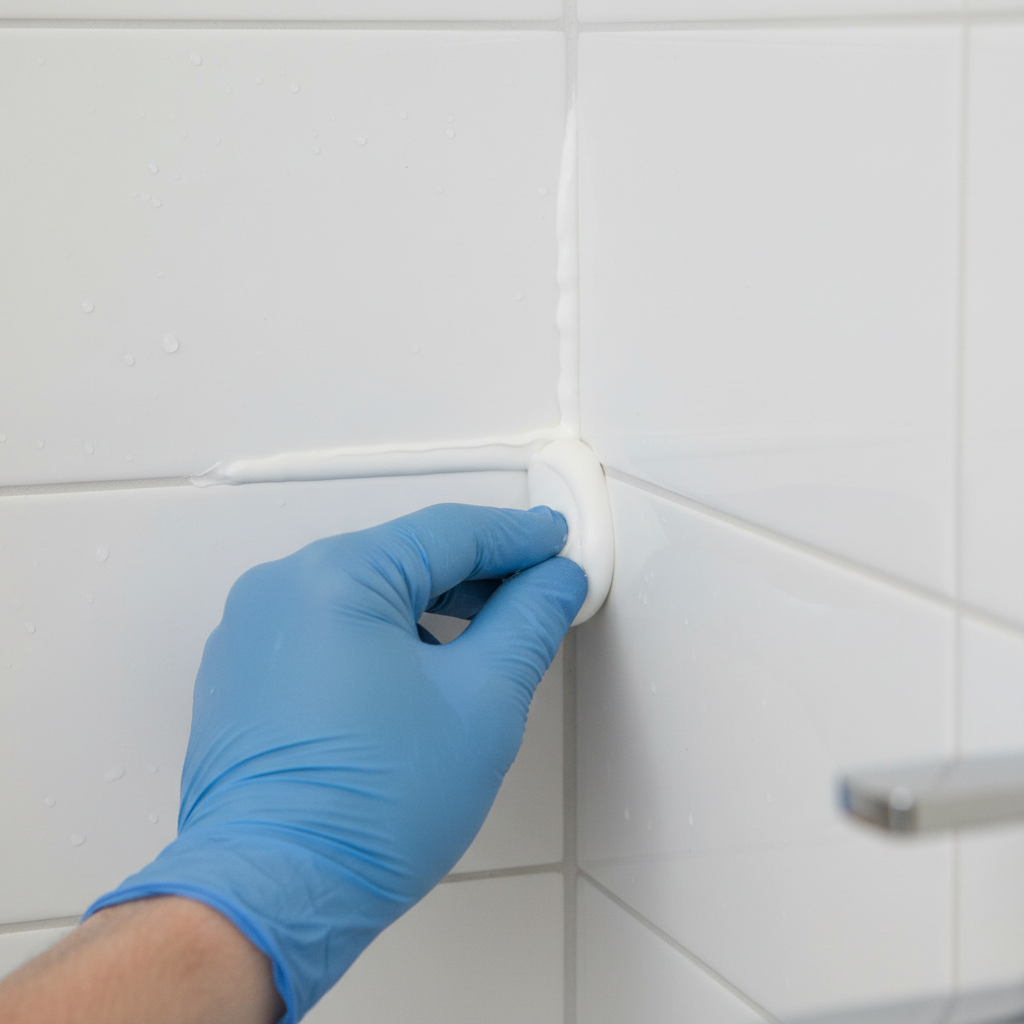 Zbliżenie na dłoń w rękawiczce ochronnej, która przy pomocy specjalnej, zaokrąglonej szpachelki wygładza świeżo nałożoną fugę silikonową w narożniku białych płytek w łazience. Fuga staje się idealnie gładka i profilowana. Oświetlenie jest jasne, podkreślające czystość i precyzję wykonywanej pracy.