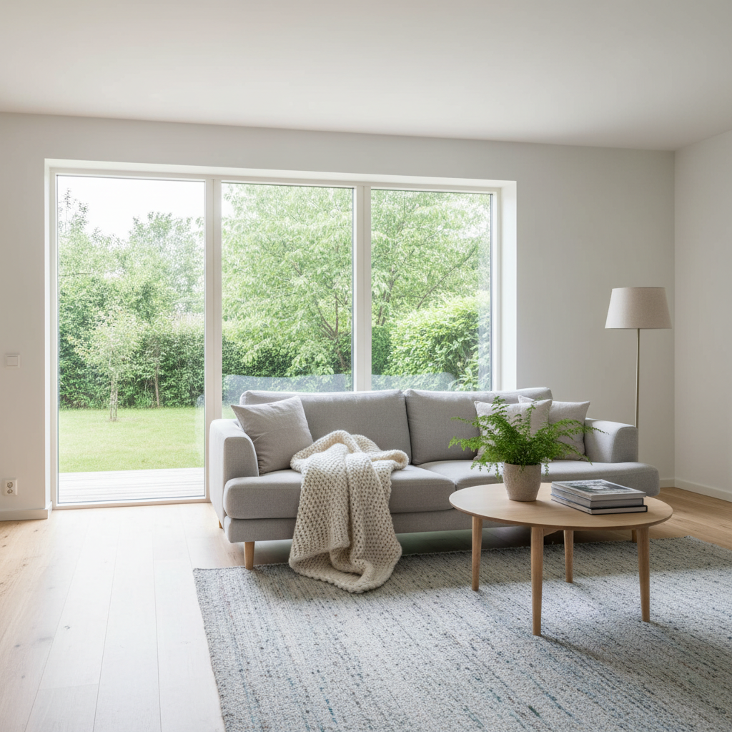 Jasny, przestronny salon urządzony w stylu skandynawskim, z dużym, sięgającym od podłogi do sufitu oknem. Za oknem widać zielony ogród. Wnętrze jest zalane naturalnym światłem, a na wygodnej sofie leży koc, tworząc atmosferę ciepła i komfortu.