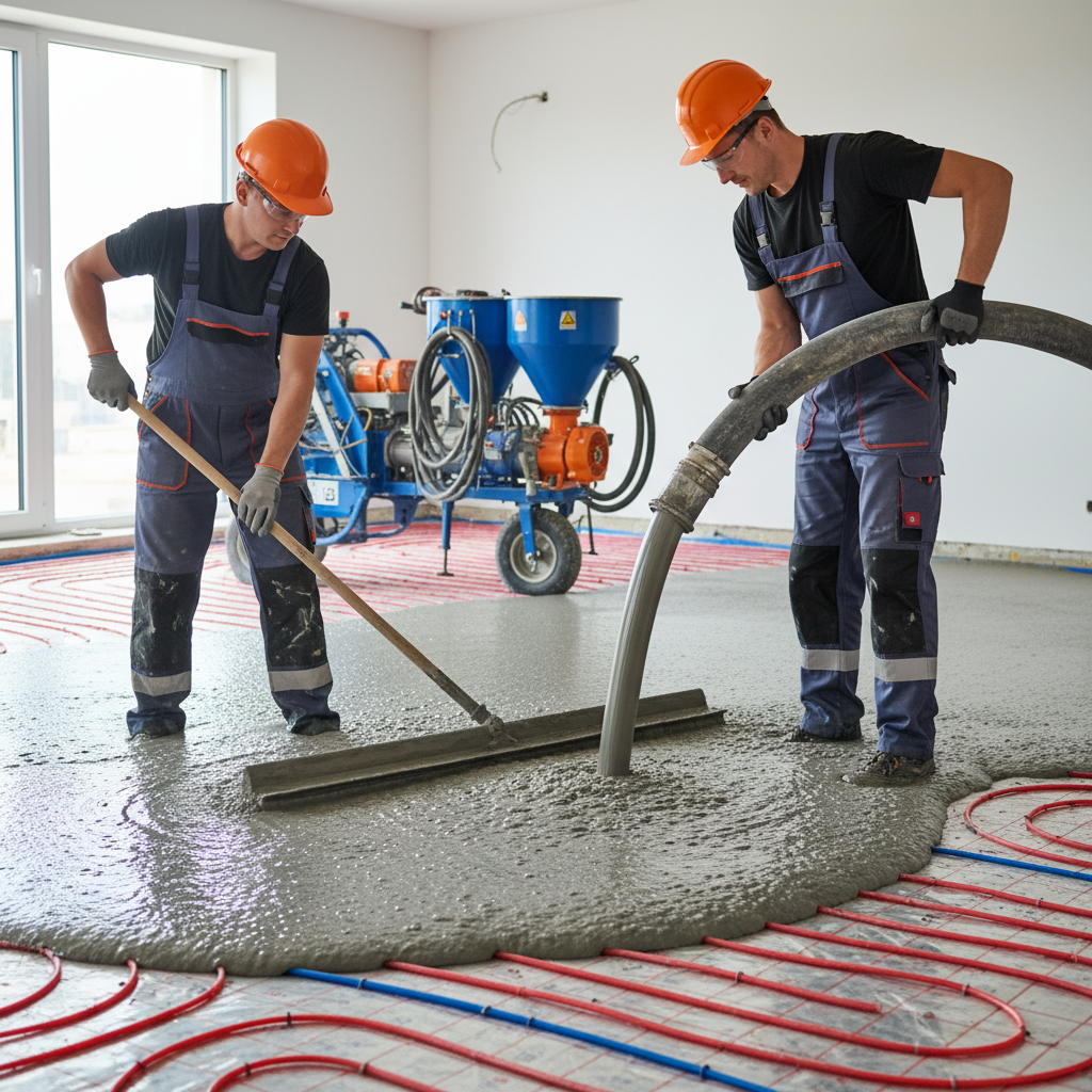 Dwóch pracowników w profesjonalnych strojach roboczych, w trakcie wylewania samopoziomującej wylewki anhydrytowej na rurki ogrzewania podłogowego. Jeden z nich rozprowadza masę za pomocą długiej pacy, a drugi operuje wężem z agregatu. W tle widać nowoczesny miksokret.