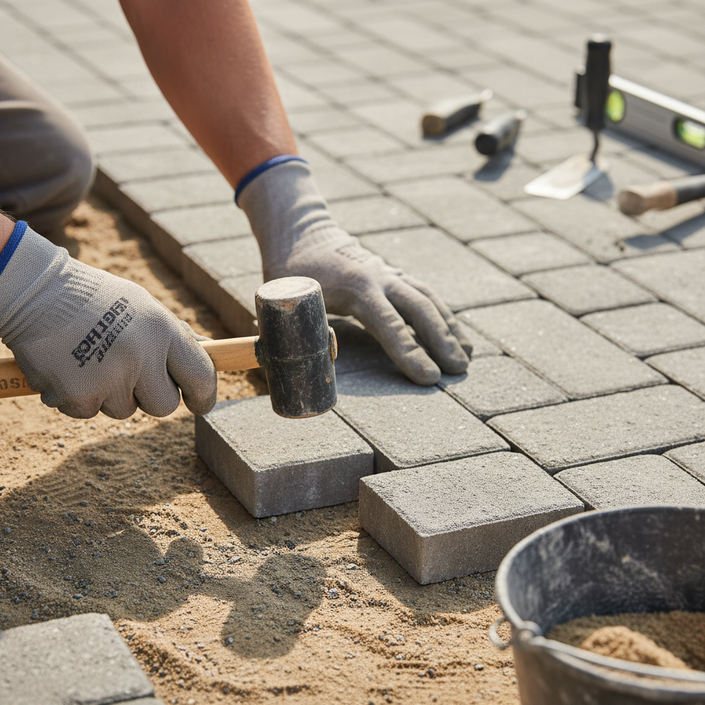 Zbliżenie na dłonie brukarza w rękawicach roboczych, który precyzyjnie układa ostatnie elementy kostki brukowej na starannie przygotowanej podsypce piaskowej. W tle widać fragment gotowej, równej nawierzchni i narzędzia brukarskie, co podkreśla rzemieślniczy charakter i dbałość o detale.