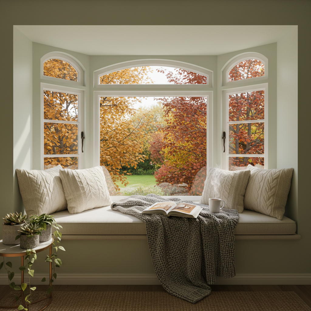Przytulny kącik do czytania w wykuszu, z szerokim parapetem przekształconym w siedzisko z miękkimi poduszkami i kocem. Obok leży otwarta książka i kubek z parującą kawą. Przez duże okna widać jesienny ogród.