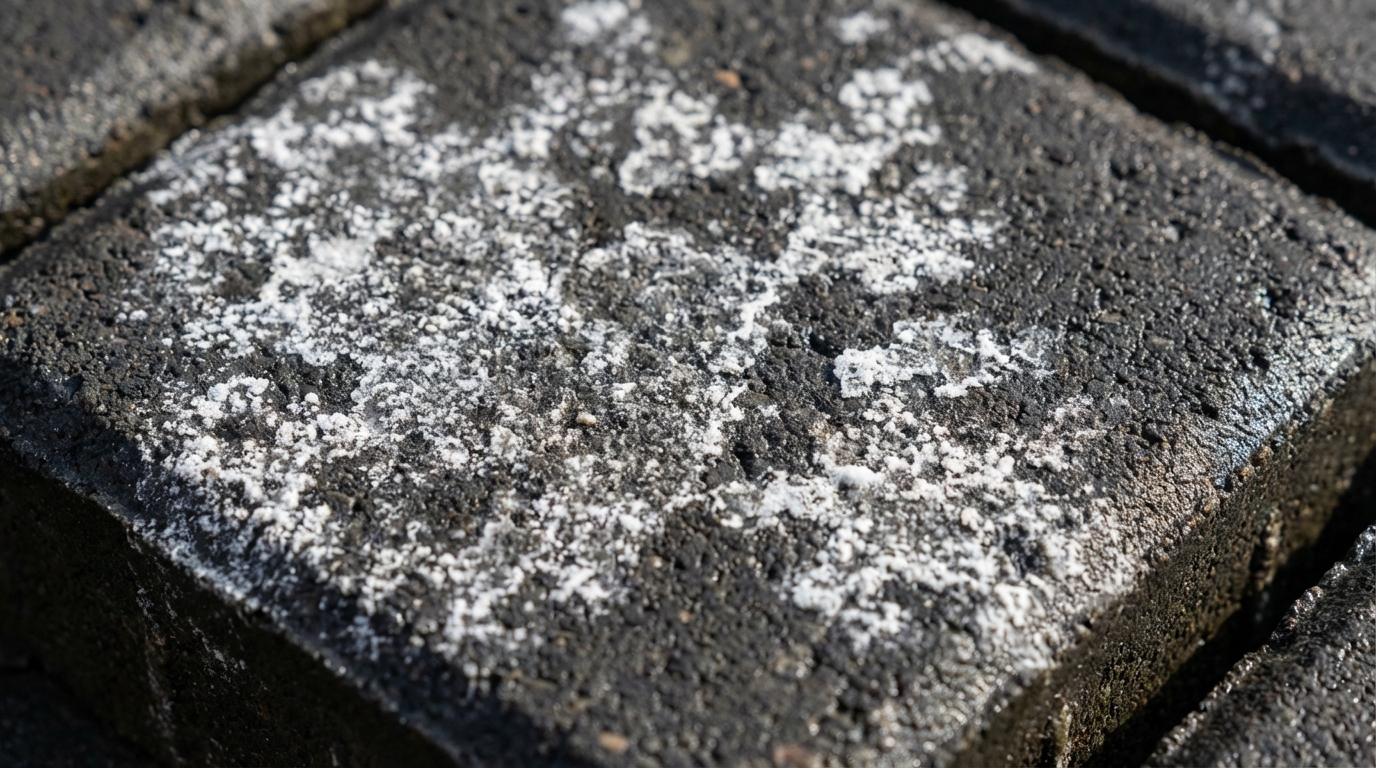 Makro zdjęcie ciemnej, grafitowej kostki brukowej, na której wyraźnie widać biały, nieregularny nalot przypominający wyschniętą sól. Ujęcie podkreśla kontrast między kolorem kostki a białym osadem, doskonale ilustrując problem wykwitów wapiennych.