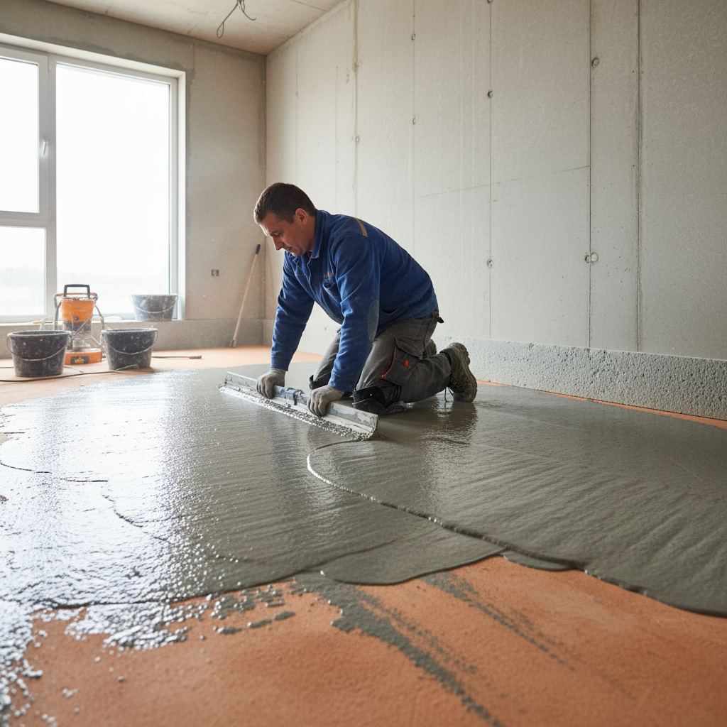 Fachowiec w roboczym ubraniu klęczy na świeżo zagruntowanej podłodze, rozprowadzając szarą masę samopoziomującą za pomocą pacy z długim uchwytem. W tle widać taśmę dylatacyjną przymocowaną do ściany, co podkreśla profesjonalizm i dbałość o detale techniczne. Kadr jest dynamiczny i pokazuje proces pracy.