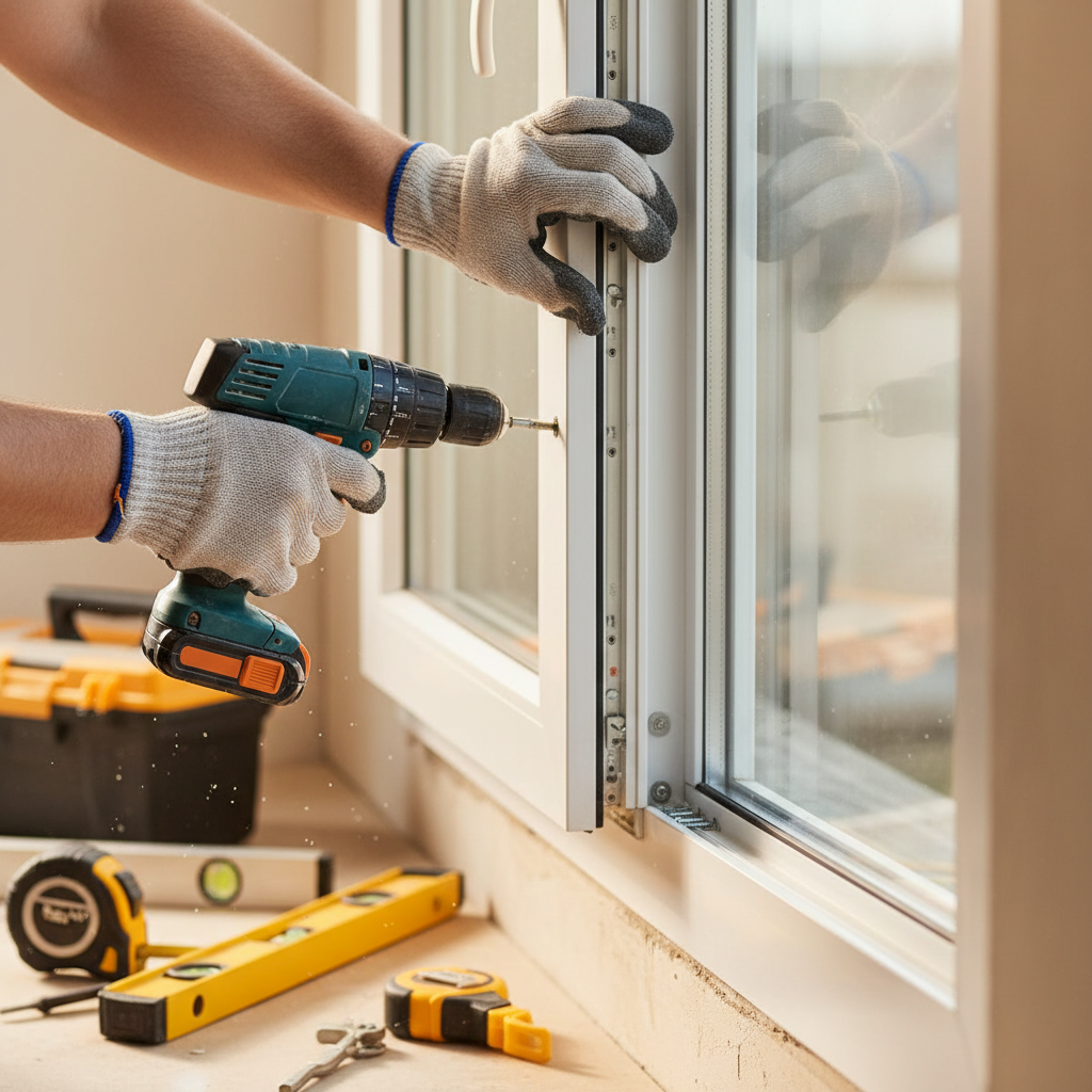 Ujęcie z bliska dłoni montera w rękawicach roboczych, który precyzyjnie montuje nowoczesną, białą ramę okienną w otworze ściennym. W tle widać narzędzia budowlane, a przez szybę wpada delikatne światło. Obraz ma ciepły, profesjonalny charakter, symbolizujący odtwarzanie stanu pierwotnego i dbałość o detale.