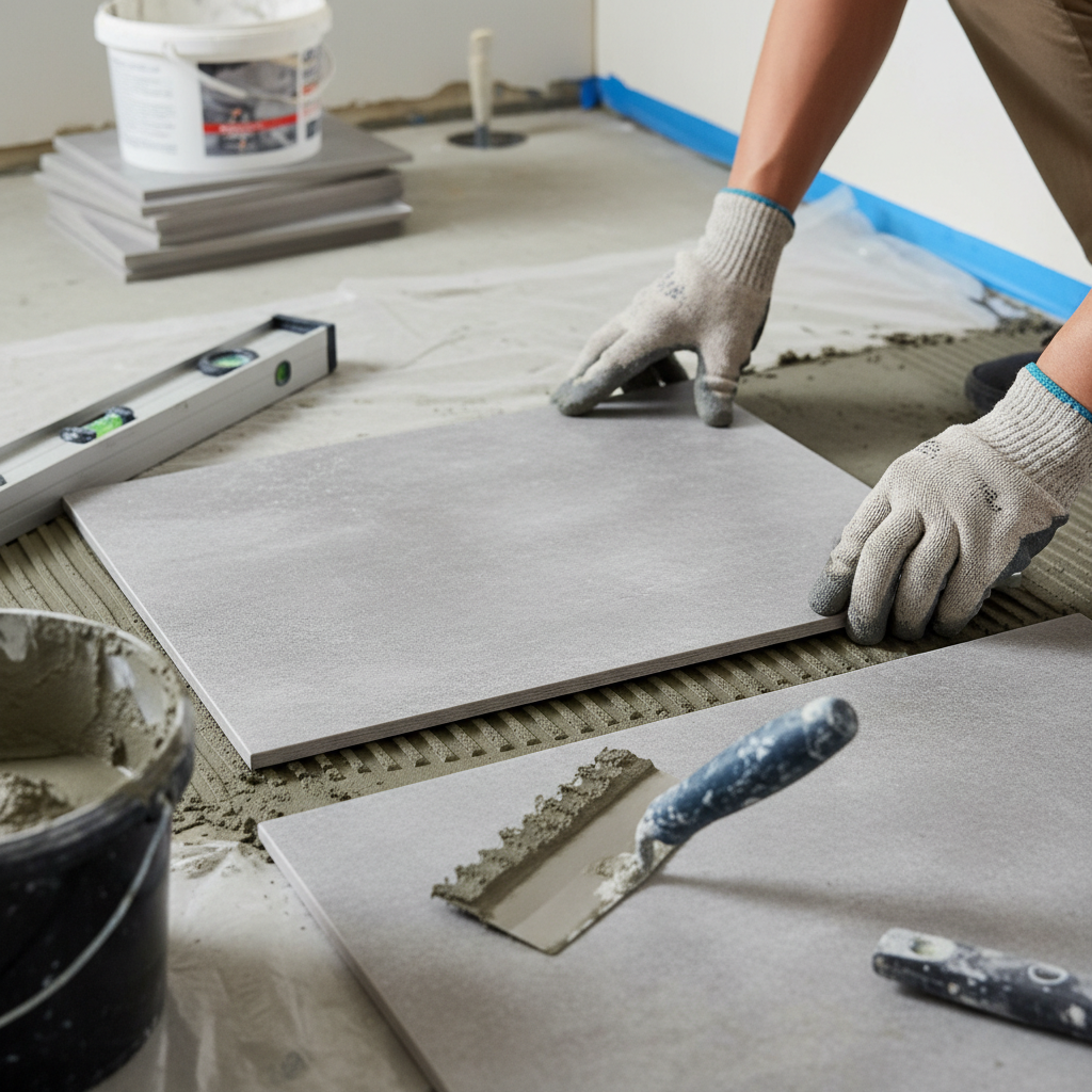 Dłonie majsterkowicza w rękawicach roboczych precyzyjnie osadzają nową, szarą płytkę ceramiczną w przygotowanym miejscu na podłodze w łazience. Wokół widać narzędzia, takie jak paca zębata i poziomica, co sugeruje profesjonalne podejście do pracy DIY.