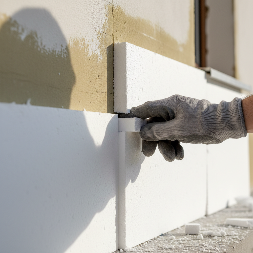 Zbliżenie na fragment ściany, gdzie pracownik precyzyjnie wsuwa cienki klin wycięty ze styropianu w szczelinę pomiędzy dwiema już zamocowanymi płytami izolacyjnymi. Dłoń w rękawicy roboczej dociska element, zapewniając idealne dopasowanie.