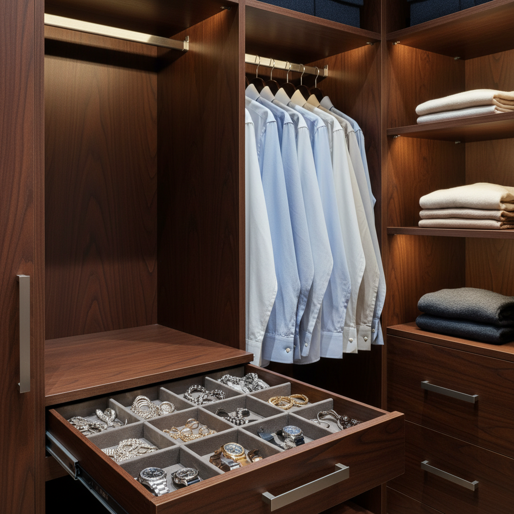 Zbliżenie na fragment nowoczesnej zabudowy w garderobie. Widoczne są różne systemy przechowywania: wysuwana szuflada z przegródkami na biżuterię i zegarki, drążek z idealnie powieszonymi koszulami oraz półki, na których leżą starannie złożone swetry. Materiały to ciemne drewno i metalowe uchwyty.
