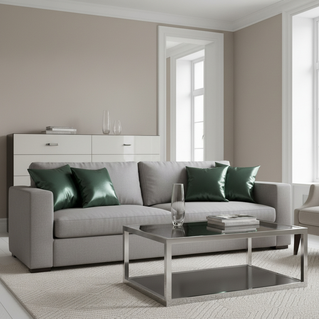 Elegancki, nowoczesny salon w stonowanej kolorystyce (szarości, beże, biel). Centralnym punktem jest wygodna sofa z kilkoma poduszkami z błyszczącej, atłasowej tkaniny w kolorze butelkowej zieleni. Na stoliku kawowym o metalowej, chromowanej podstawie stoi szklany wazon, a w tle widać fragment lakierowanej na wysoki połysk komody. Światło z dużego okna delikatnie odbija się od lśniących powierzchni, tworząc wrażenie luksusu i przestronności.