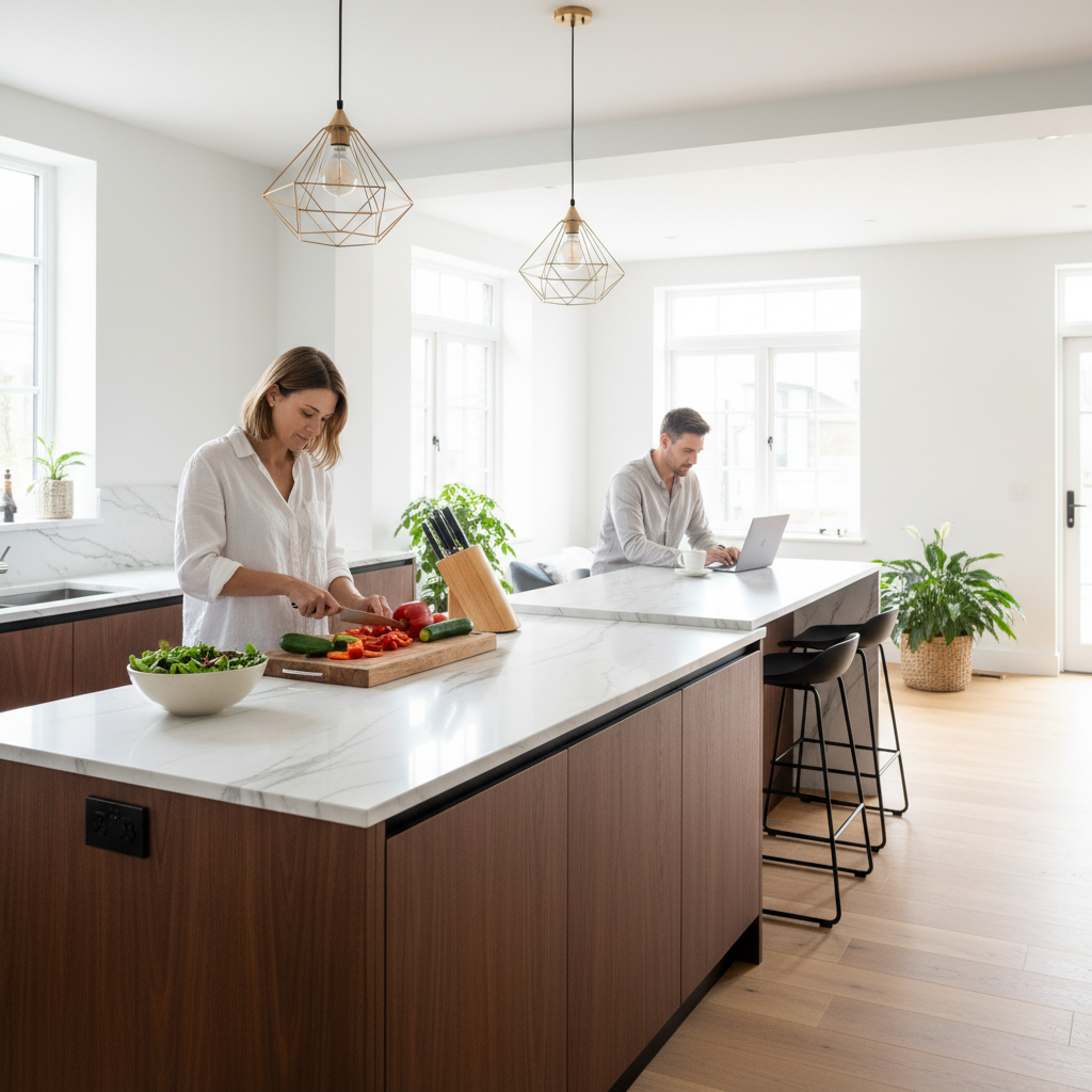 Nowoczesna wyspa kuchenna w centrum jasnego wnętrza. Na jednym końcu kobieta kroi świeże warzywa na drewnianej desce, a na drugim końcu, przy podwyższonym blacie, mężczyzna pracuje na laptopie, popijając kawę. Wyspa ma marmurowy blat i ciemne, drewniane fronty szafek, co tworzy elegancki kontrast.